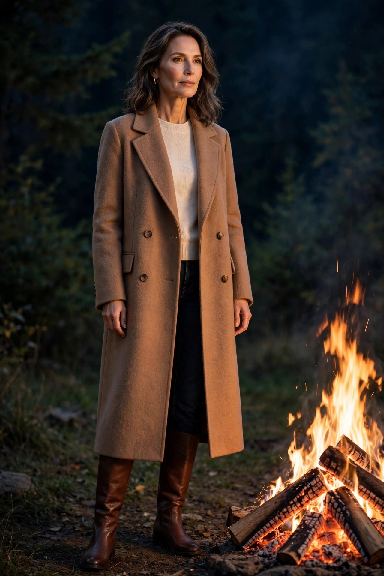 Woman over 50 in camel wool midi coat, cream sweater, dark jeans and brown knee-high boots by bonfire