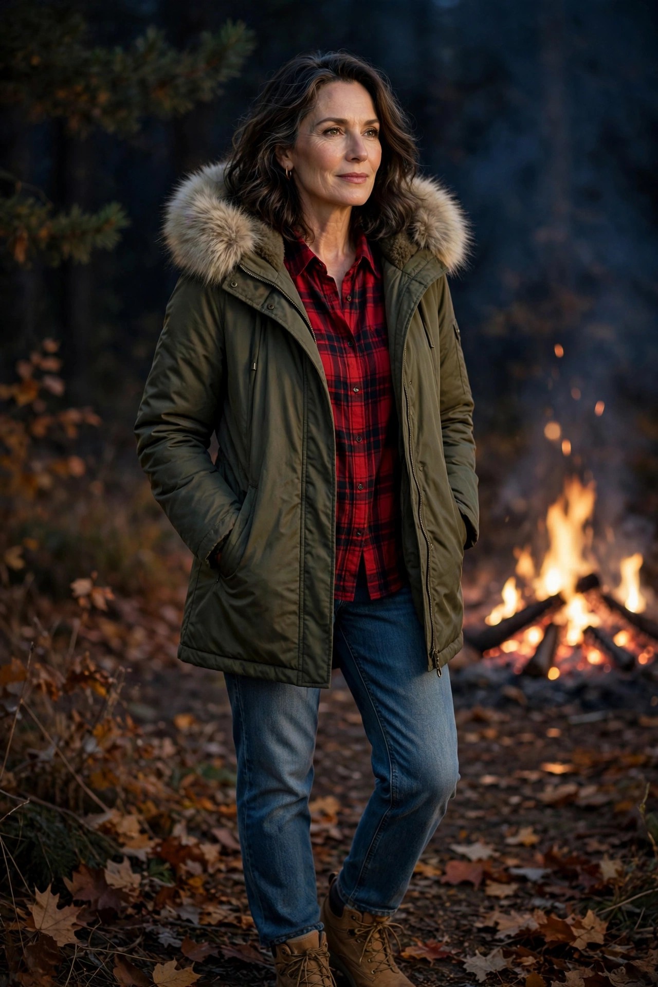 Woman over 50 in olive faux-fur parka, red flannel shirt, jeans and hiking boots on a cold night