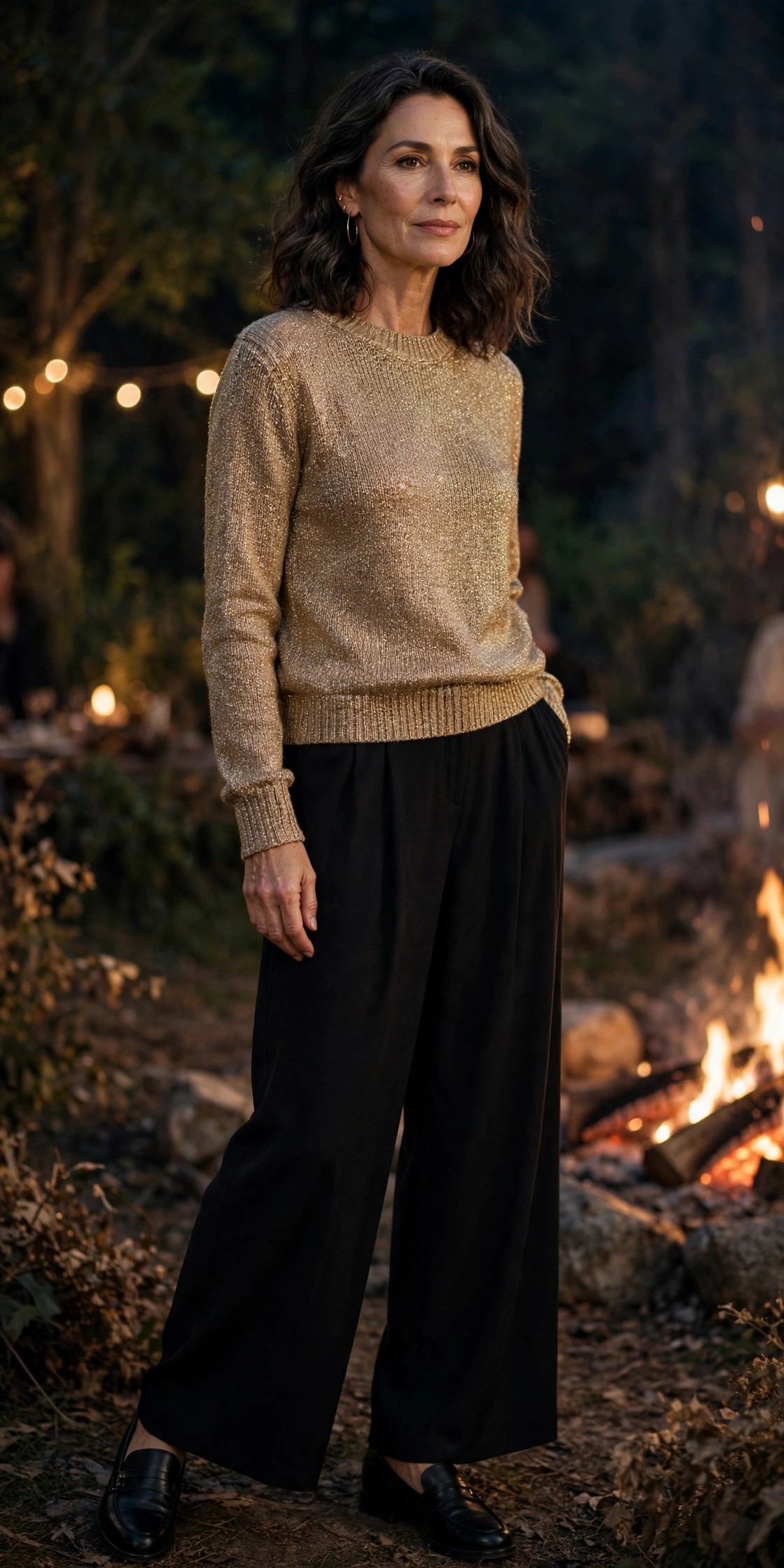 Woman over 50 in gold metallic-thread sweater, black palazzo pants and black loafers at a bonfire party