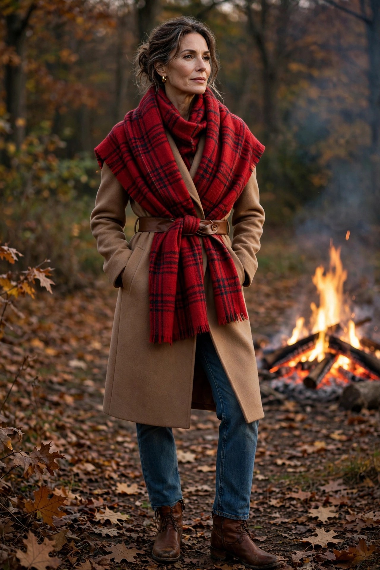 Woman over 50 in red plaid blanket scarf belted over camel coat, jeans and brown boots at a bonfire