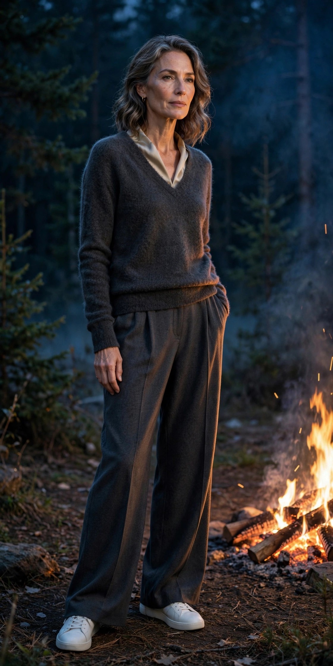 Woman over 50 in charcoal cashmere sweater, charcoal wide-leg trousers and white sneakers, layered for cold