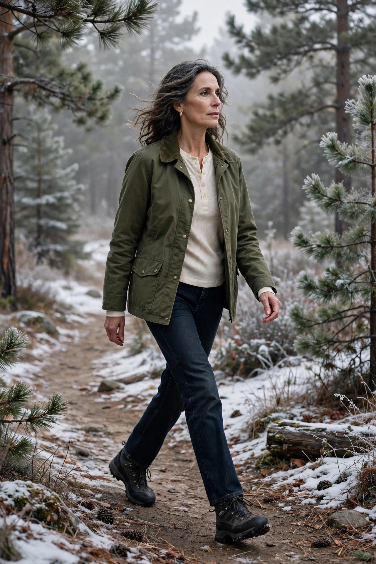 Woman in her 50s in an olive barn jacket and cream thermal henley on a forest trail