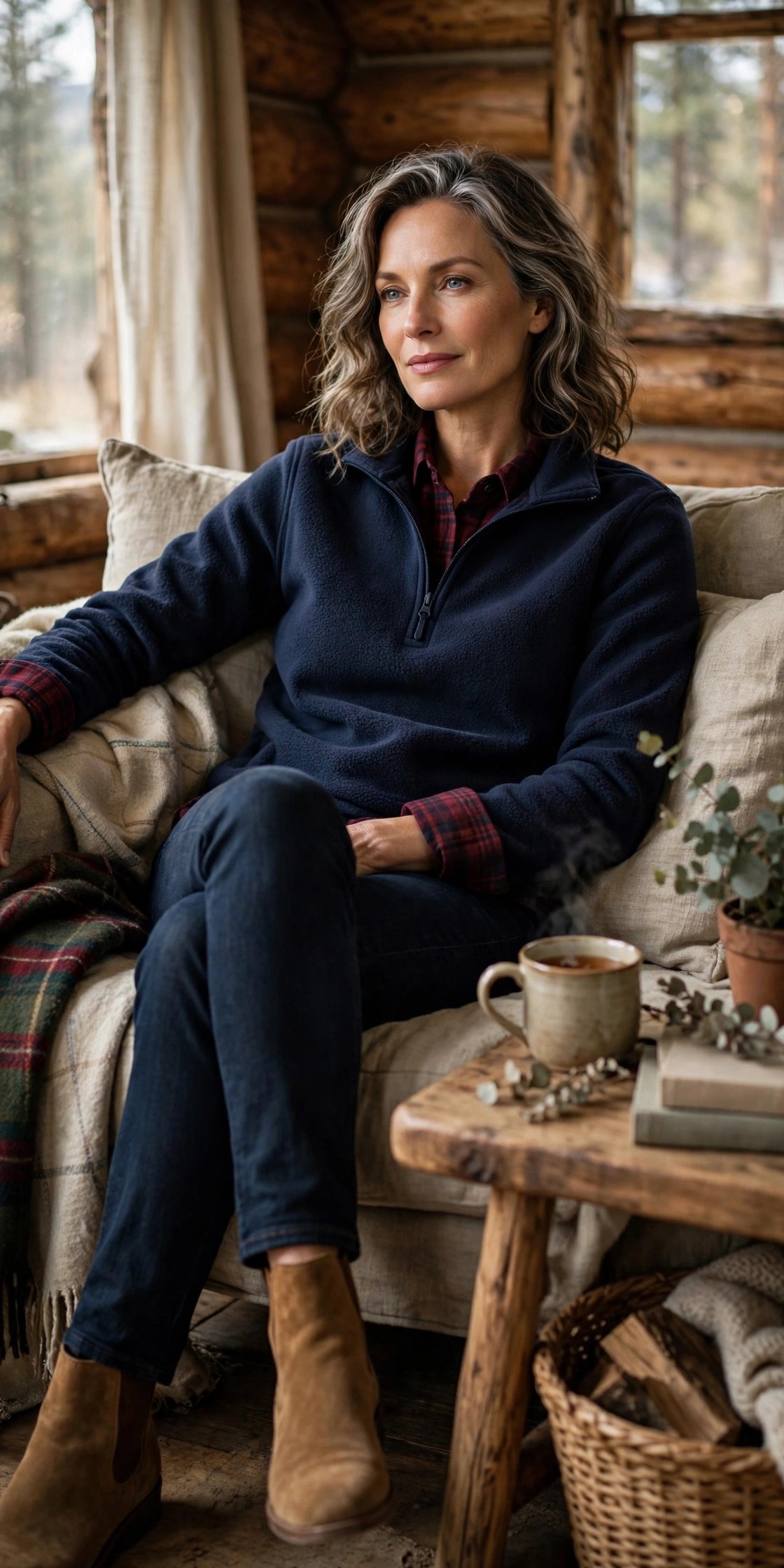 Woman in her 50s in a burgundy flannel shirt and navy fleece inside a log cabin