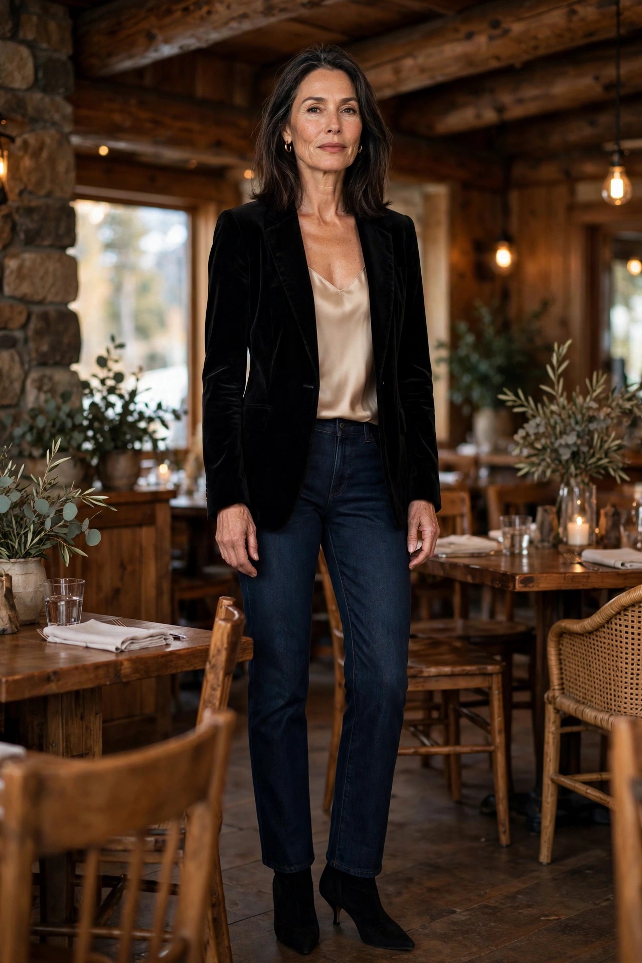 Woman in her 50s in a black velvet blazer and champagne camisole at a lodge restaurant