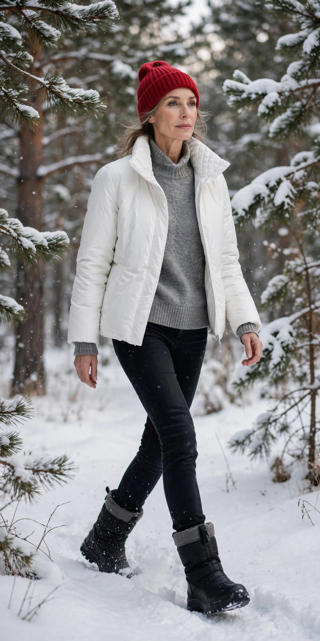 Woman in her 50s in a white puffer jacket and red beanie walking in fresh snow