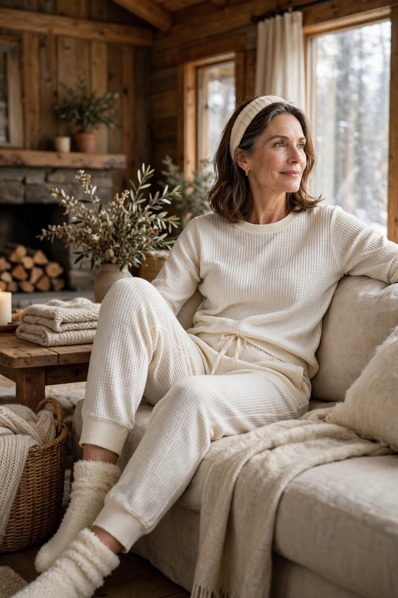 Woman in her 50s in ivory waffle-knit loungewear relaxing in a cabin