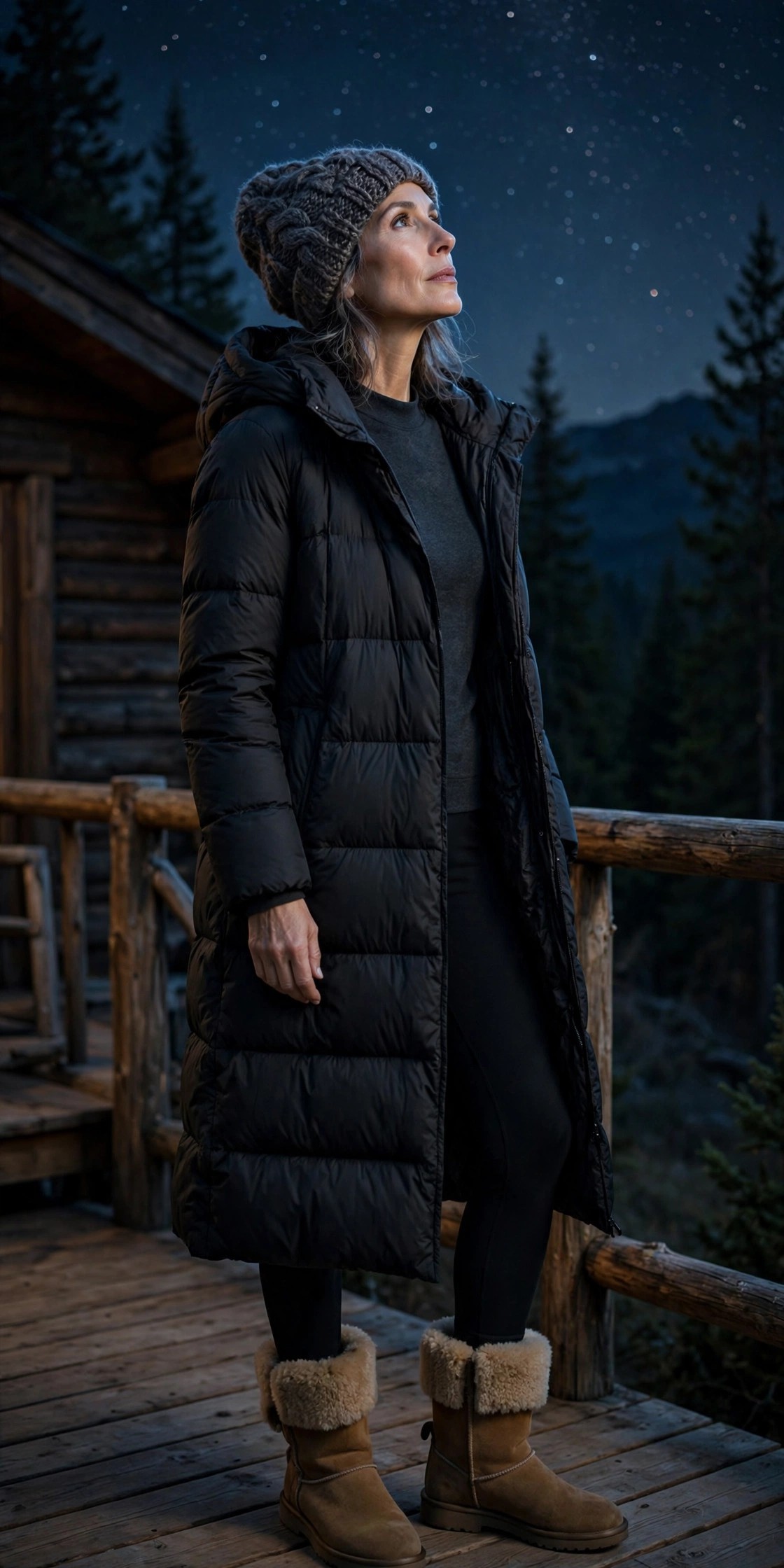 Woman in her 50s in a long down coat and beanie stargazing on a cabin deck at night