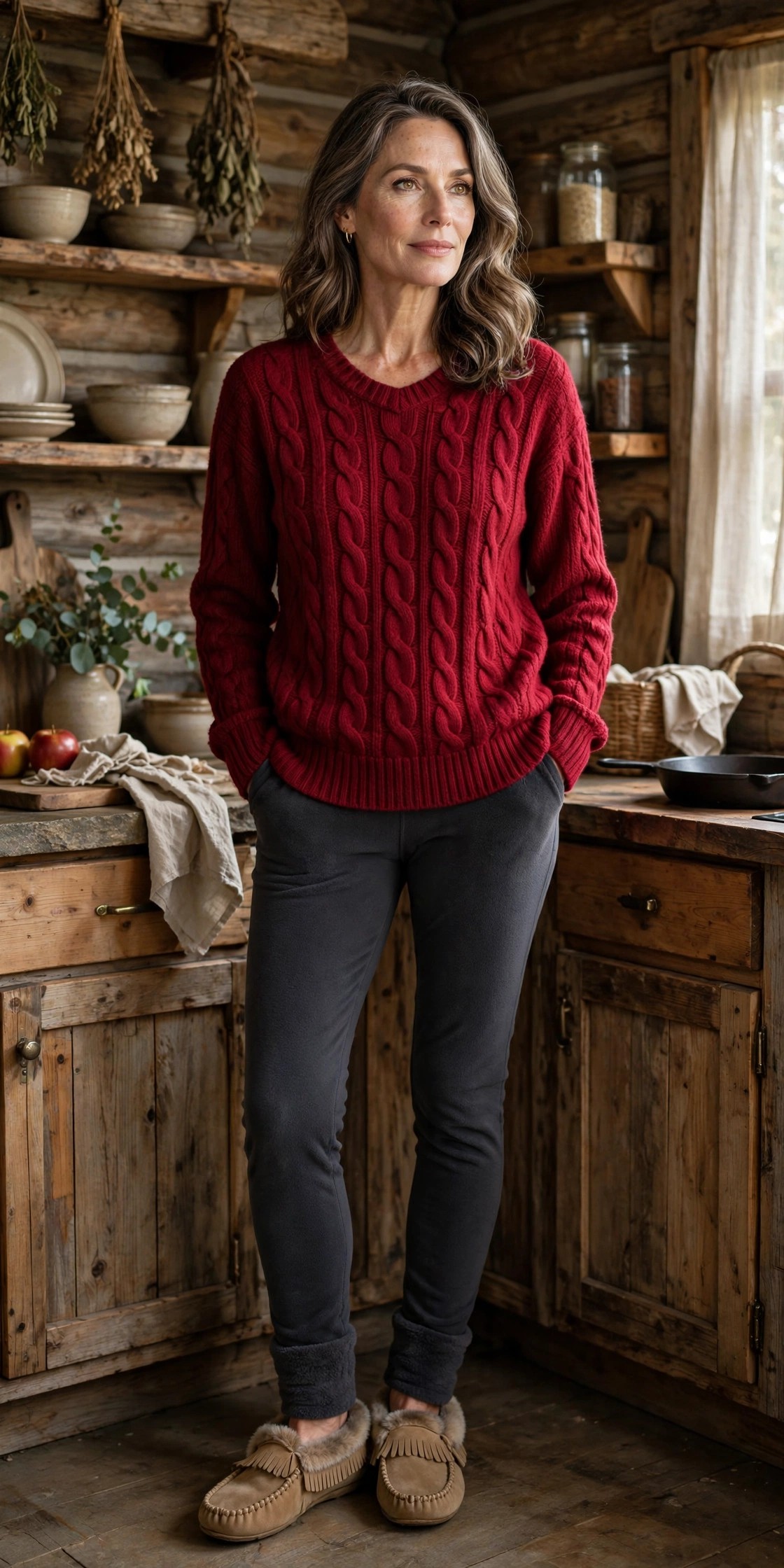 Woman in her 50s in a cranberry cable-knit sweater and fleece leggings in a cabin kitchen