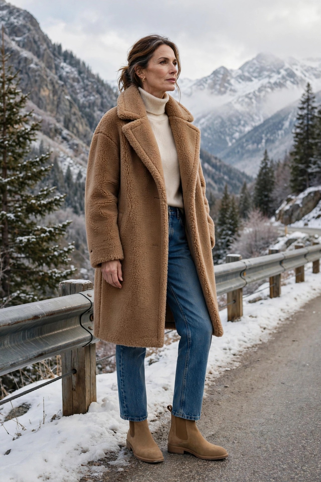 Woman in her 50s in a camel teddy coat and cream turtleneck on a mountain road