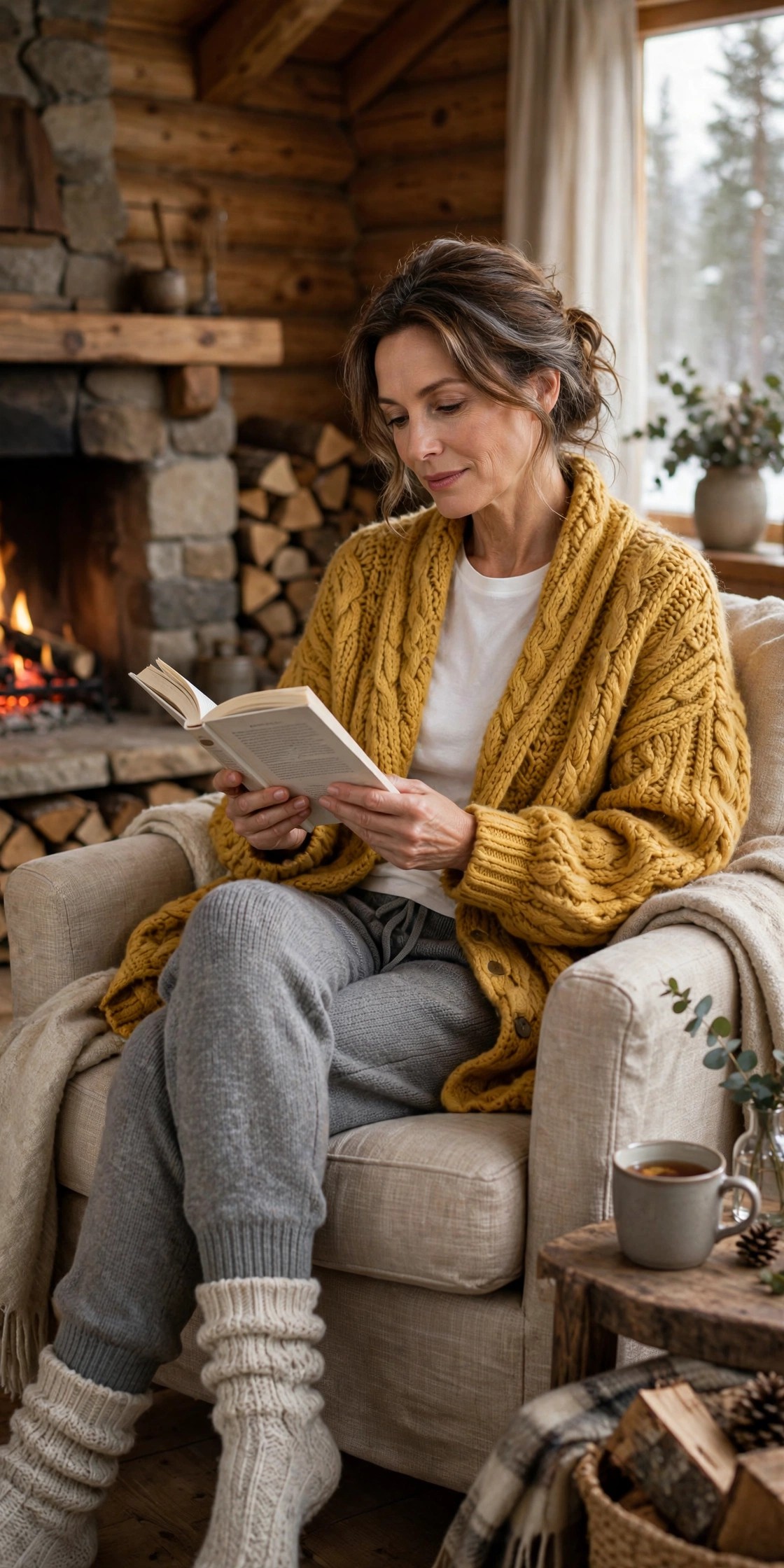 Woman in her 50s in a mustard cardigan reading by a fireplace