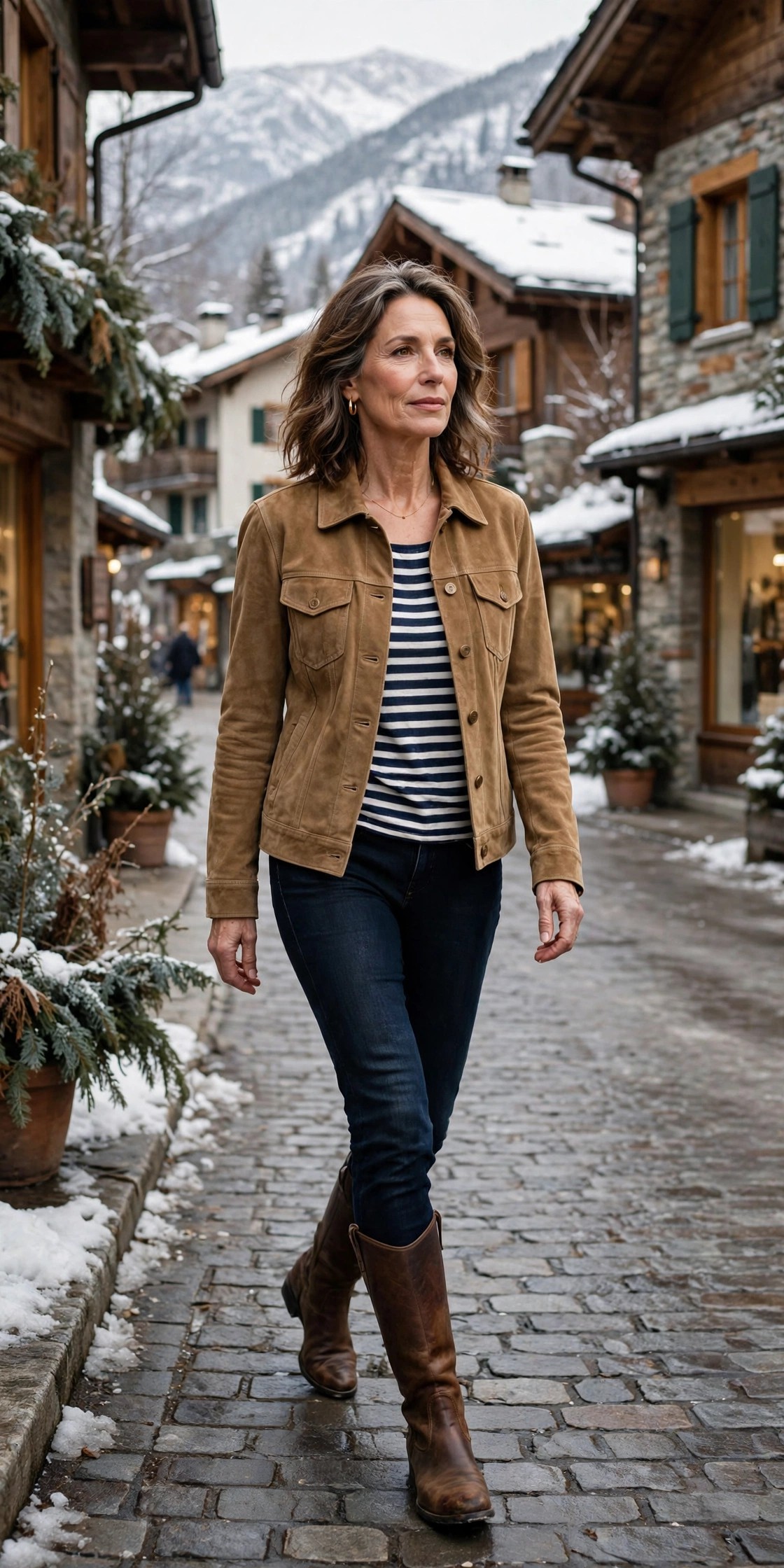 Woman in her 50s in a tan suede trucker jacket and striped top in a mountain village
