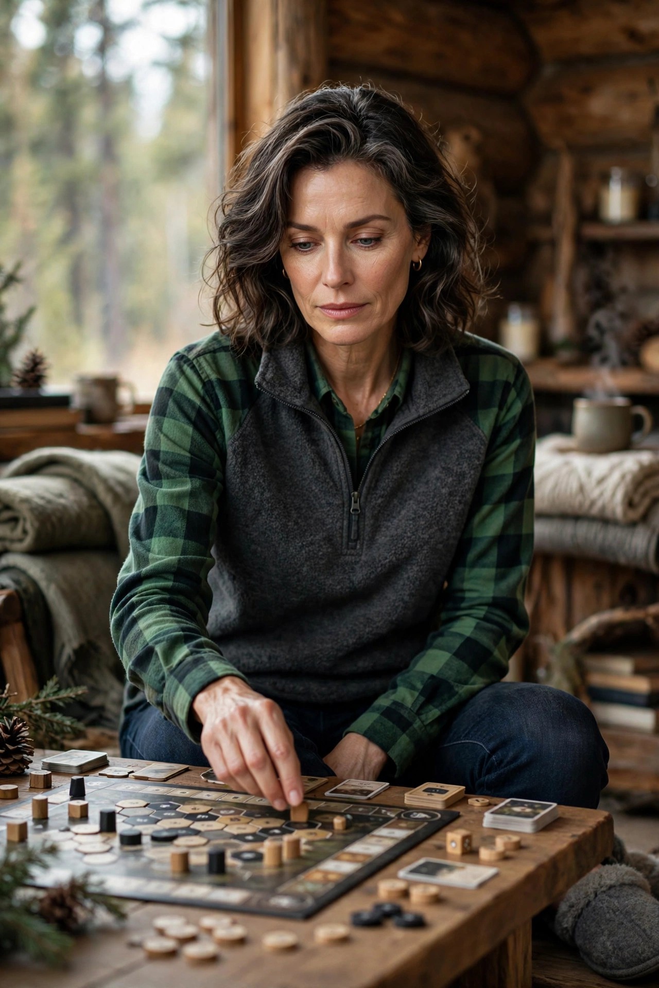 Woman in her 50s in a green buffalo-check flannel playing board games in a cabin