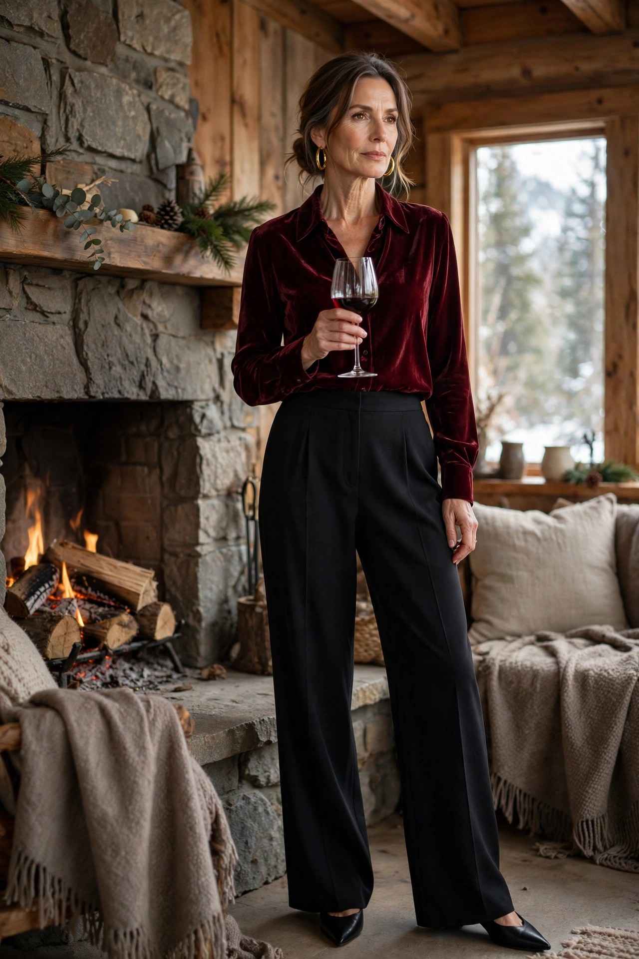 Woman in her 50s in a burgundy velvet blouse with wine by a fireplace