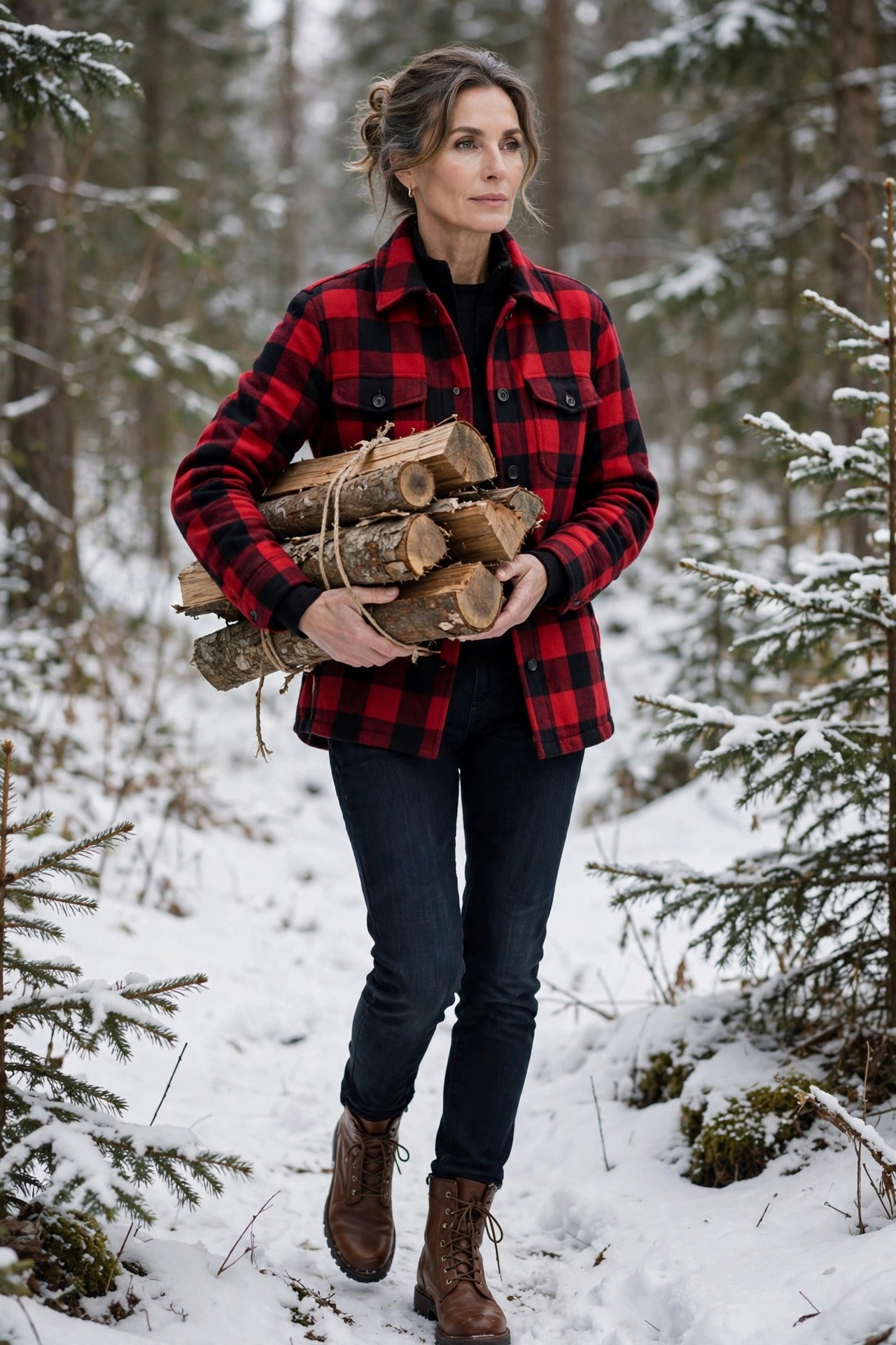 Woman in her 50s in a red buffalo plaid shirt-jacket carrying firewood in snow