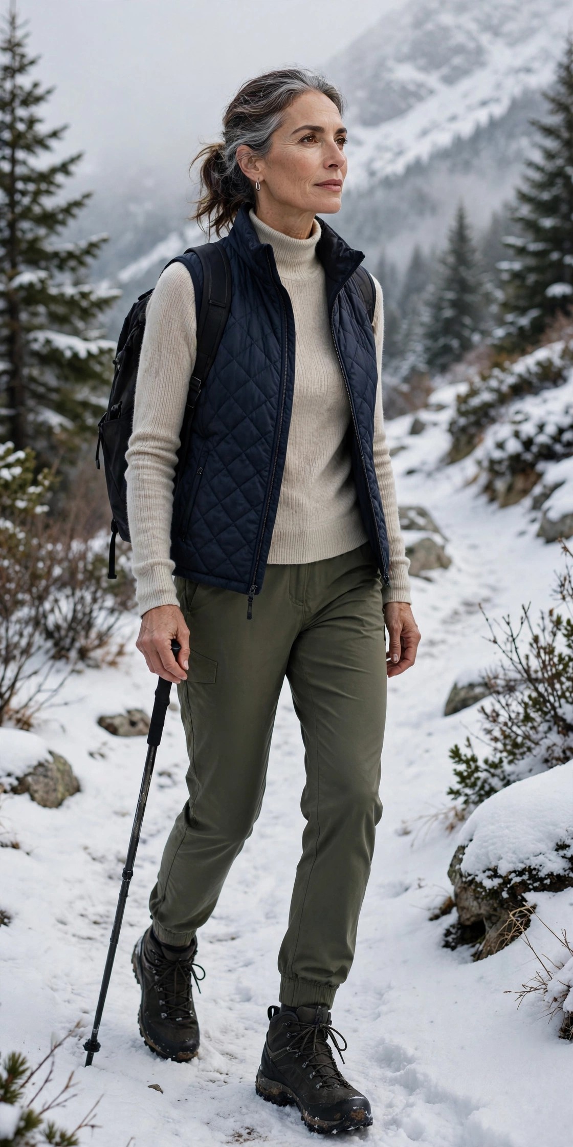 Woman in her 50s in a merino base layer and quilted vest hiking a snowy trail