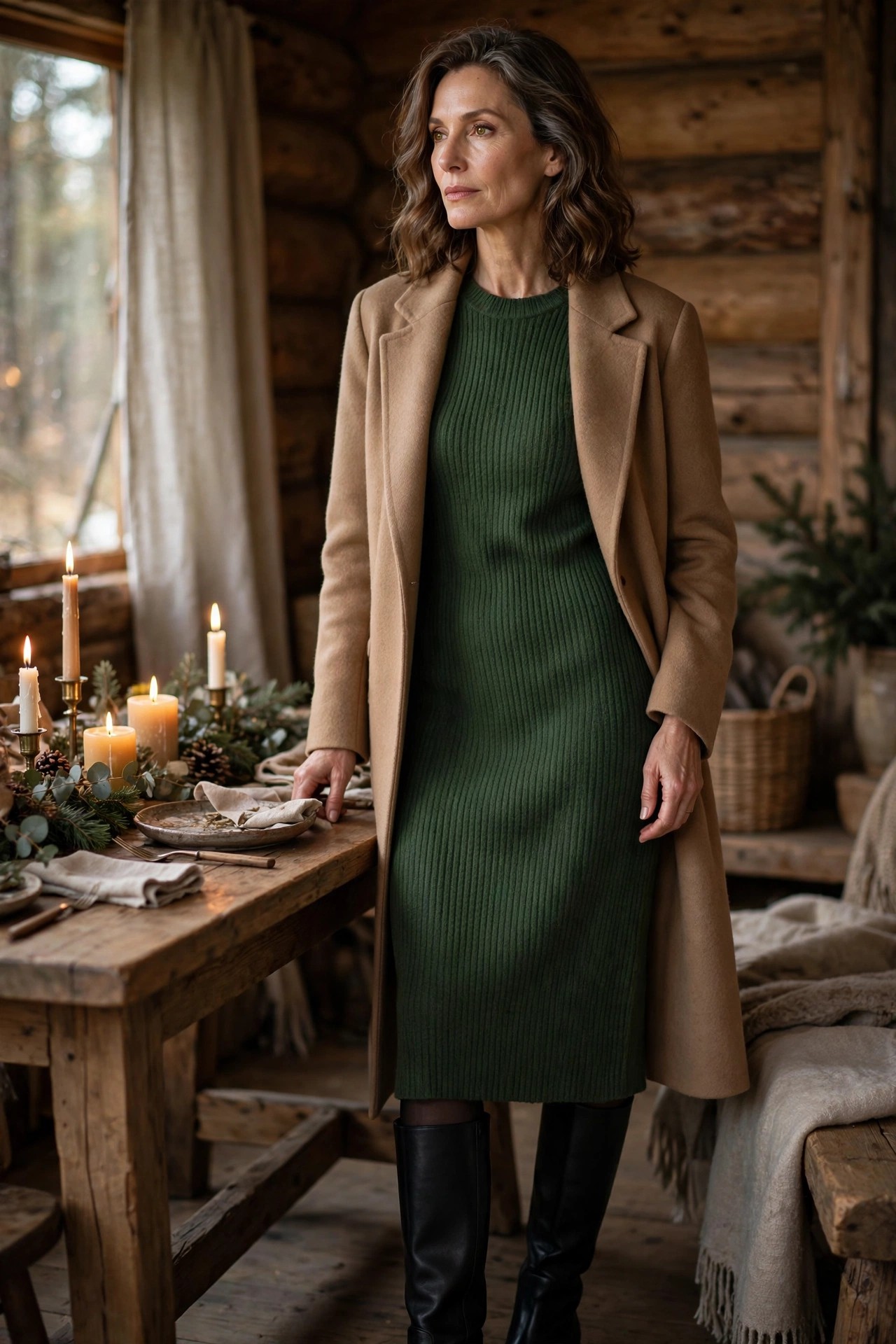 Woman in her 50s in a forest green sweater dress at a candlelit cabin dinner