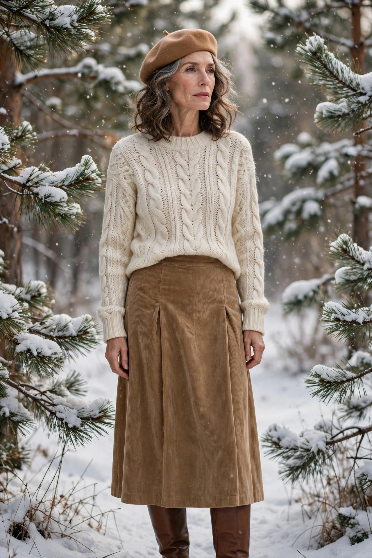 Woman in her 50s in a cream Aran sweater, corduroy skirt and beret among pines