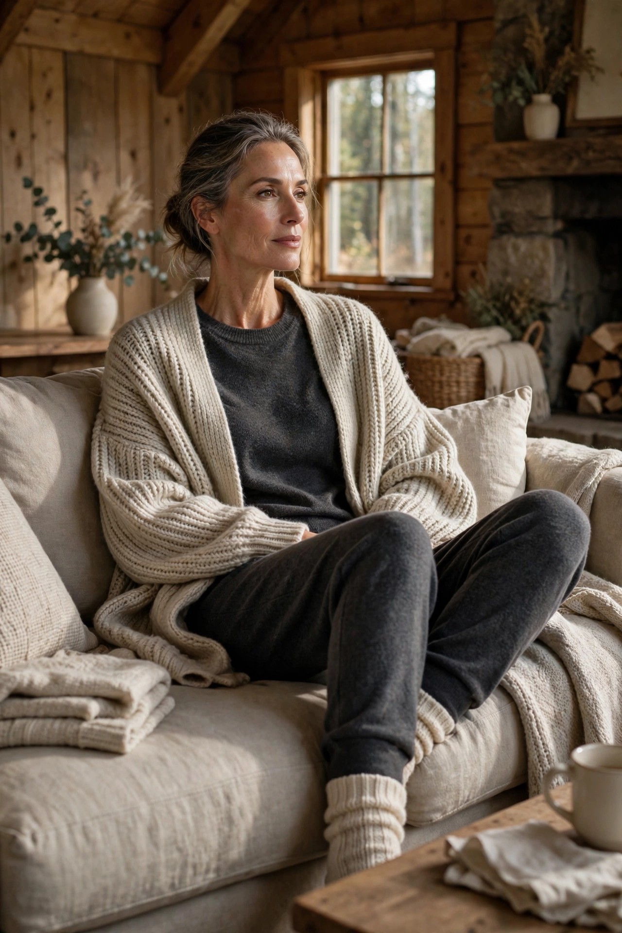 Woman in her 50s in charcoal cashmere and an oatmeal cardigan on a cabin sofa