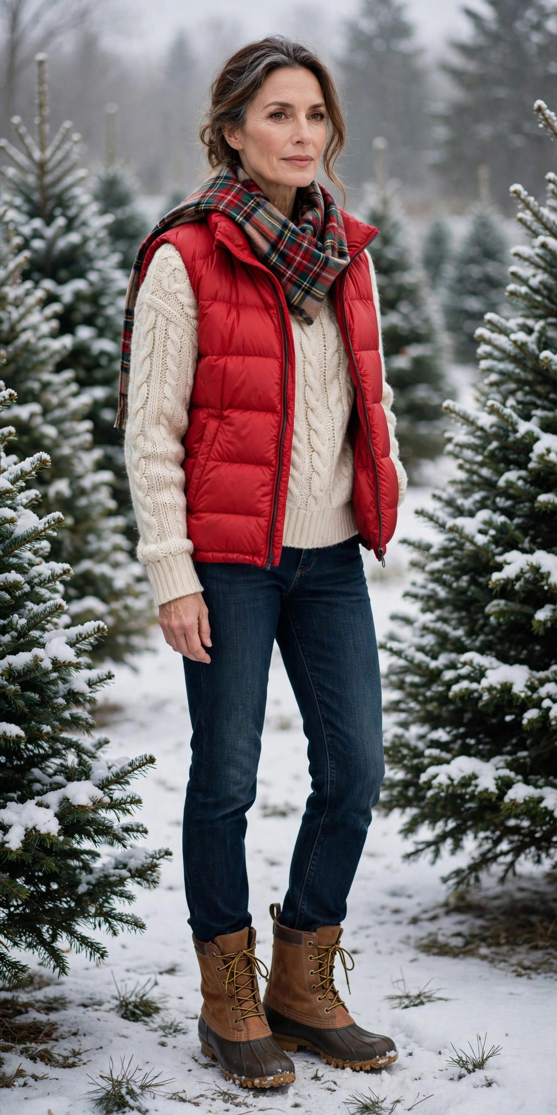 Woman in her 50s in a red puffer vest and fisherman sweater at a tree farm