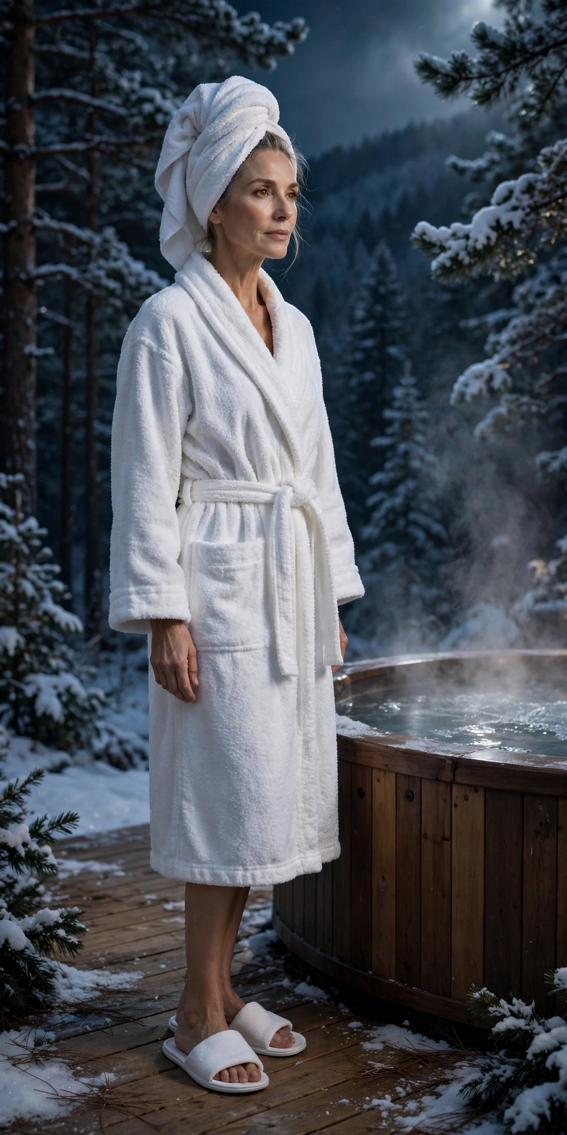 Woman in her 50s in a white terry robe beside a hot tub at night in snow