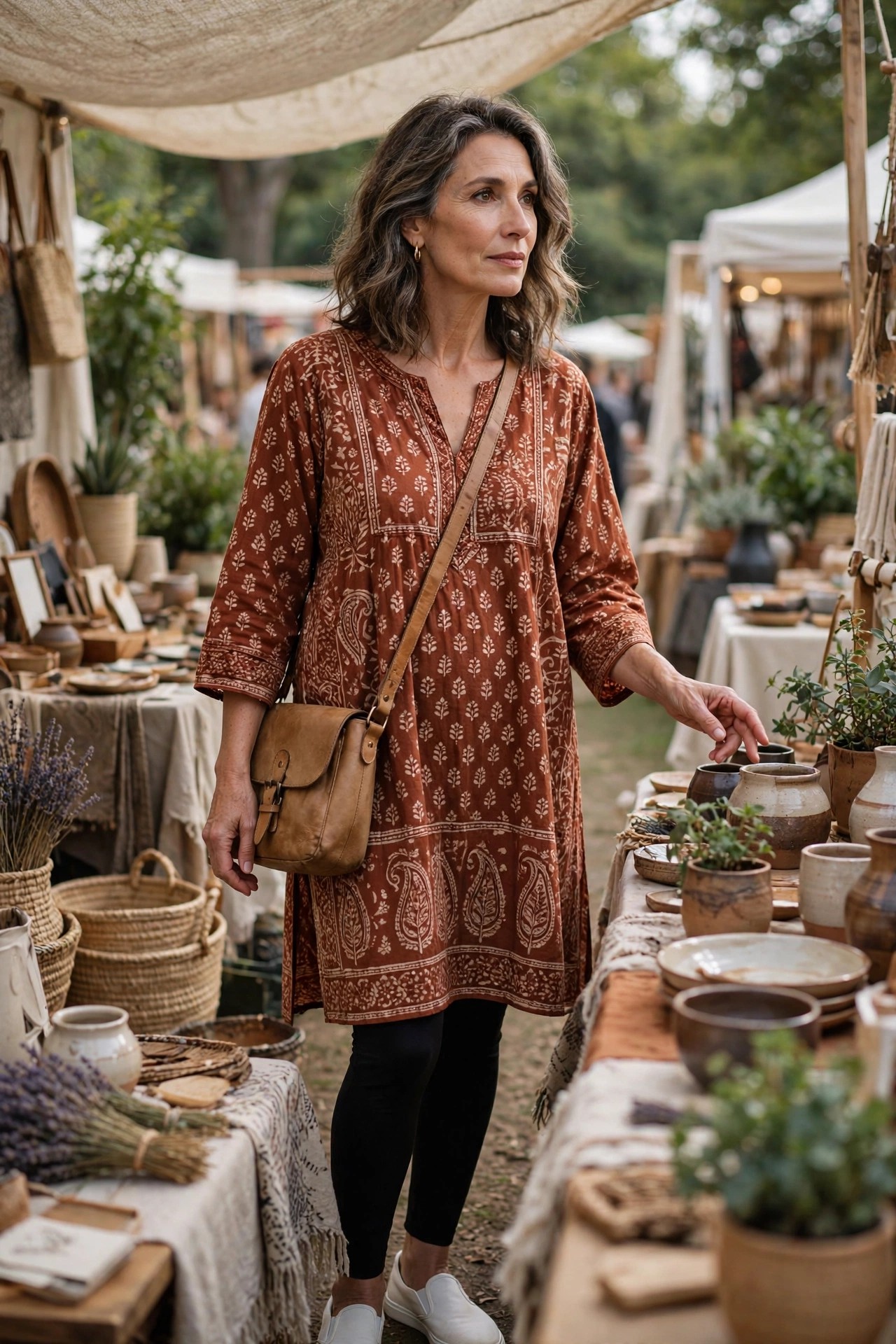 Woman over 50 in rust block-print tunic, black leggings, white slip-on sneakers and tan crossbody at craft fair