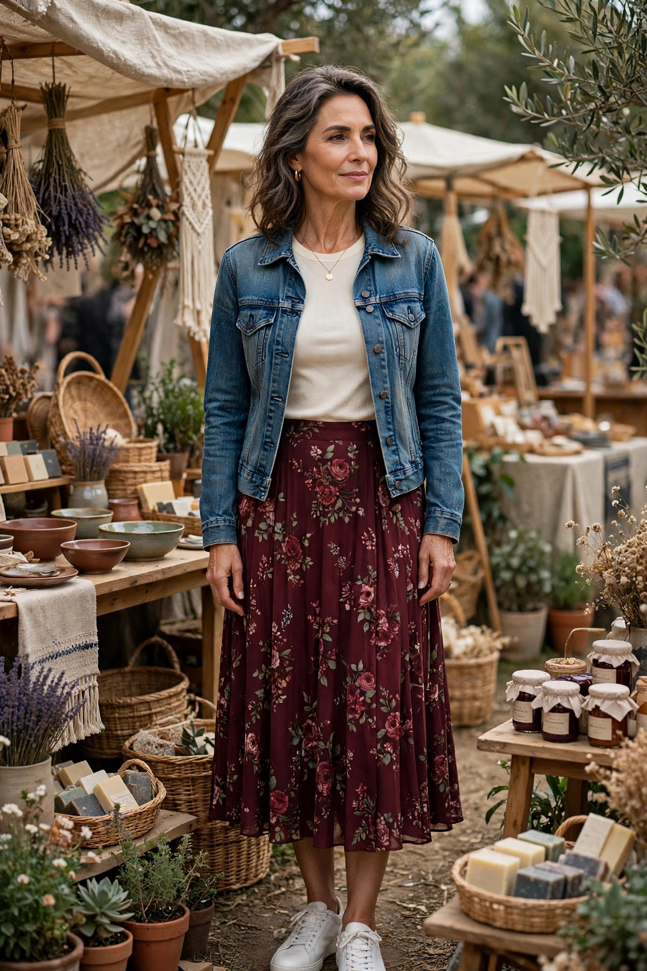 Woman over 50 in cream tee, burgundy floral midi skirt, denim jacket and white sneakers at a craft fair