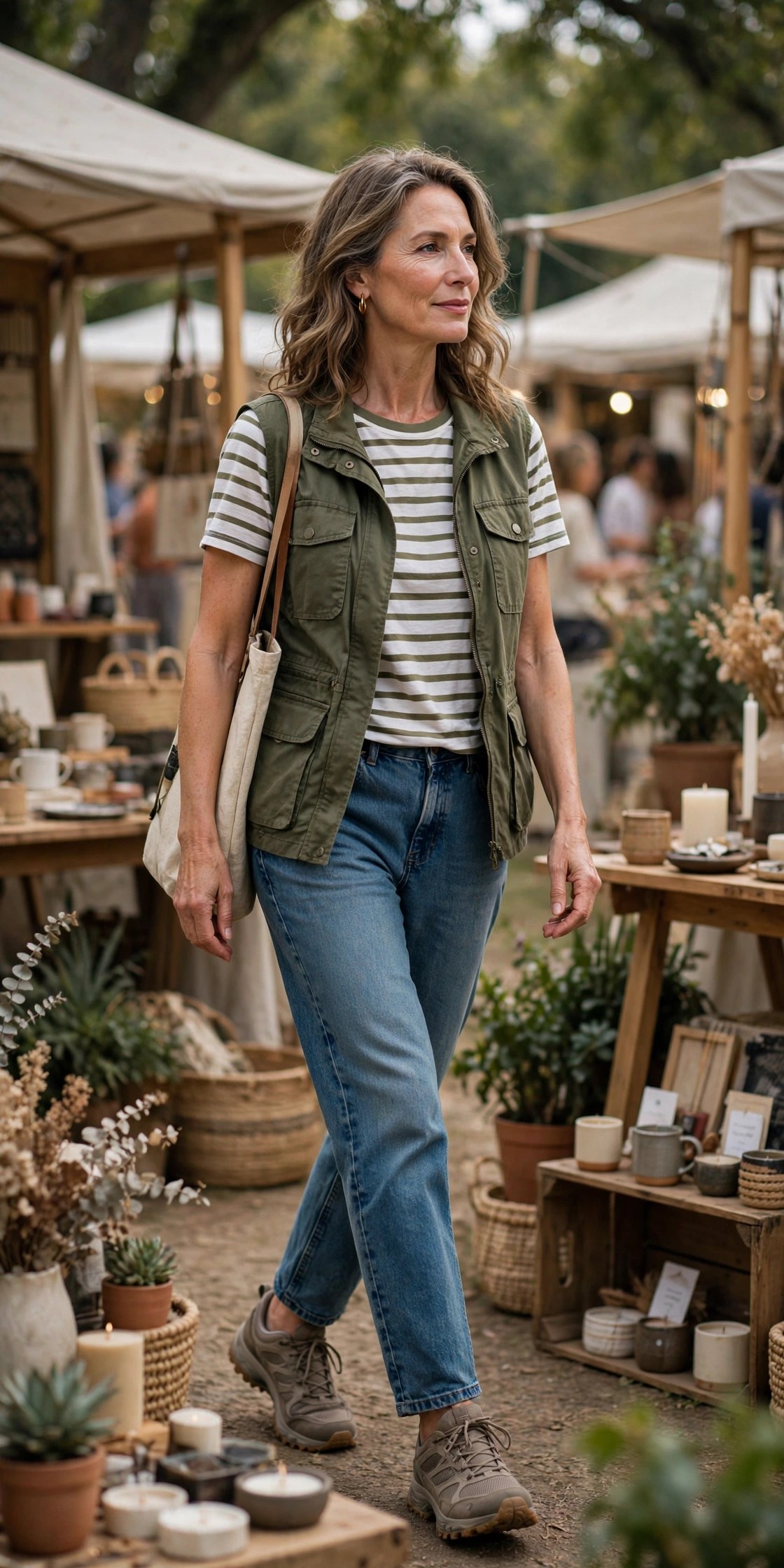 Woman over 50 in olive utility vest, striped tee, relaxed jeans and trail sneakers browsing a craft fair