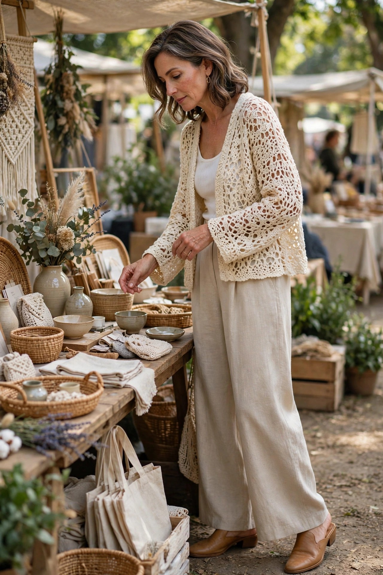 Woman over 50 in cream crochet cardigan, white tank, ecru wide-leg trousers and tan mules at a craft fair