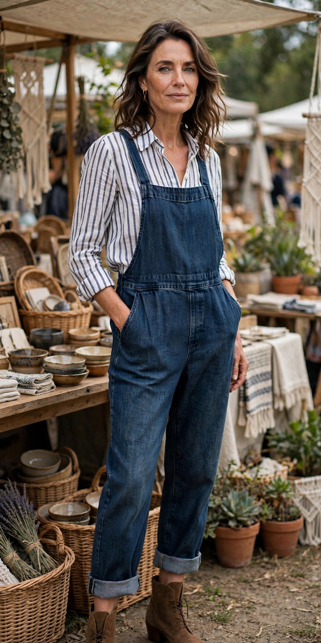 Woman over 50 in striped linen shirt under dark denim overalls and brown suede ankle boots at a market