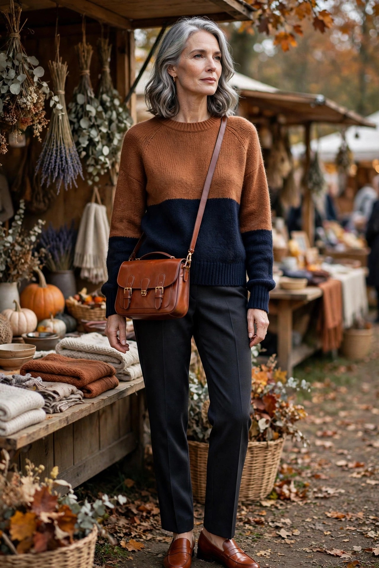Woman over 50 in rust-camel-navy color-block sweater, charcoal trousers and cognac loafers at a craft fair