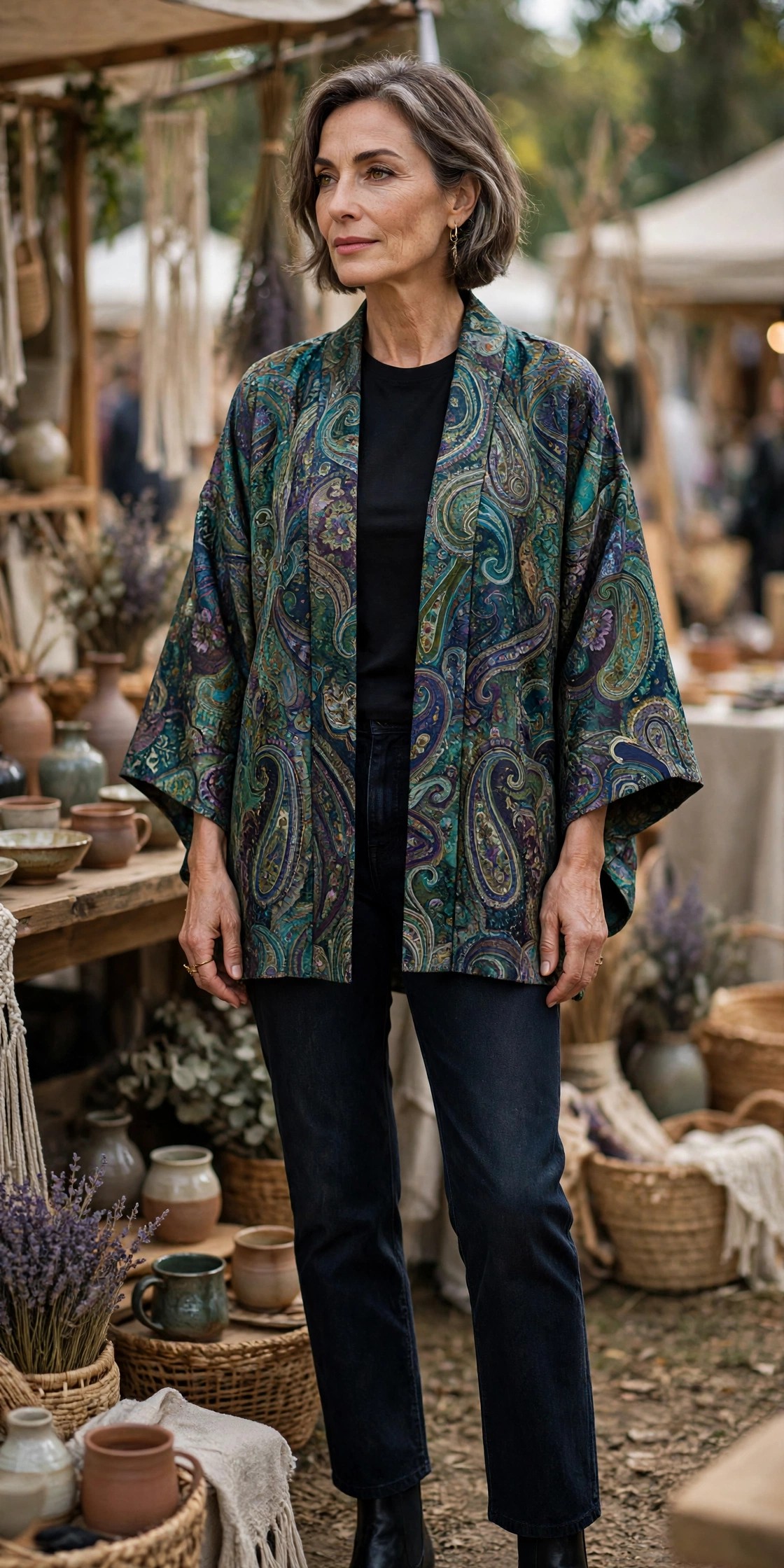 Woman over 50 in jewel-tone paisley kimono, black tee, dark jeans and black ankle boots at an art fair