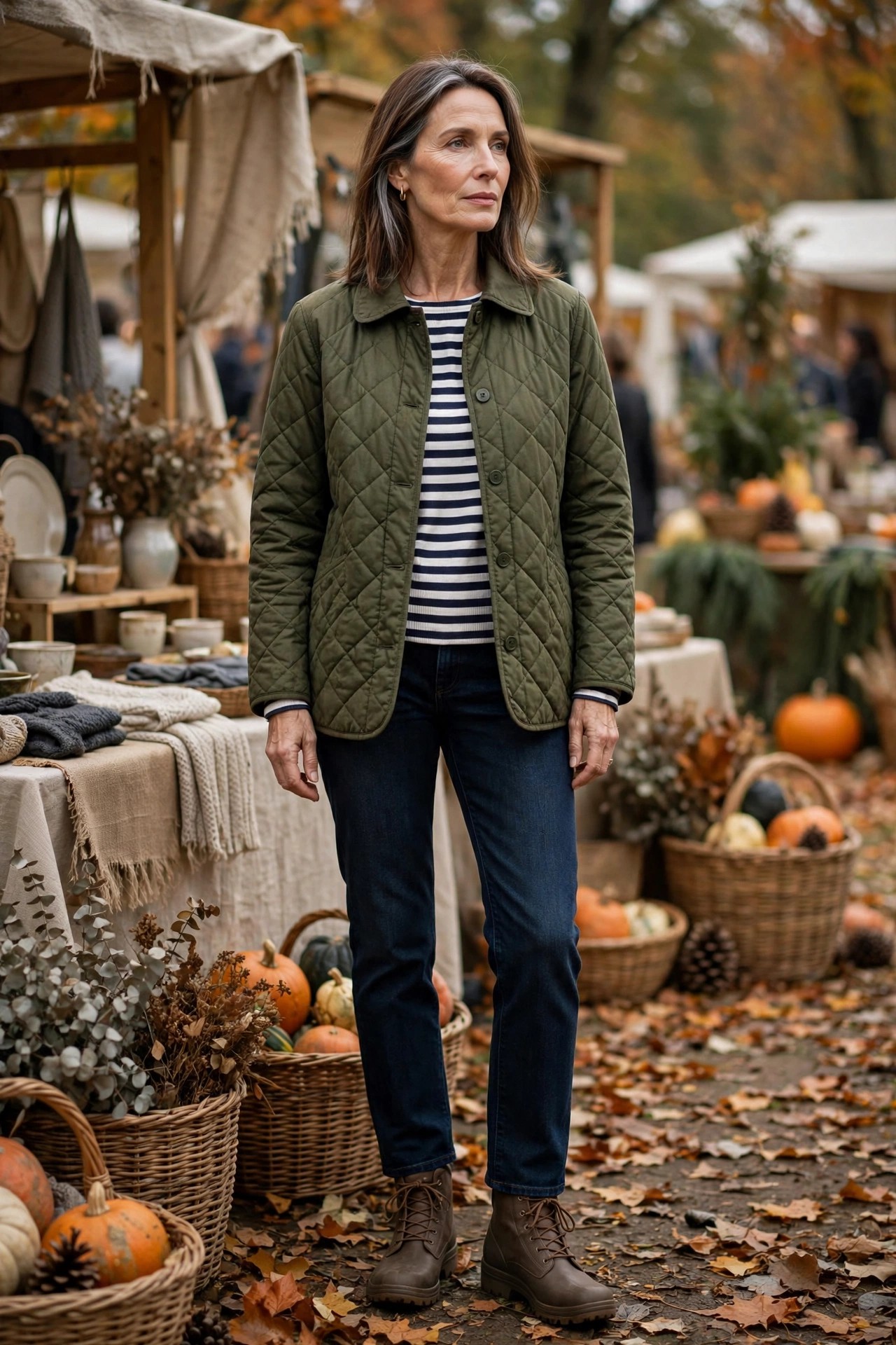 Woman over 50 in olive quilted barn jacket, Breton stripe top, dark jeans and brown boots at a fall fair