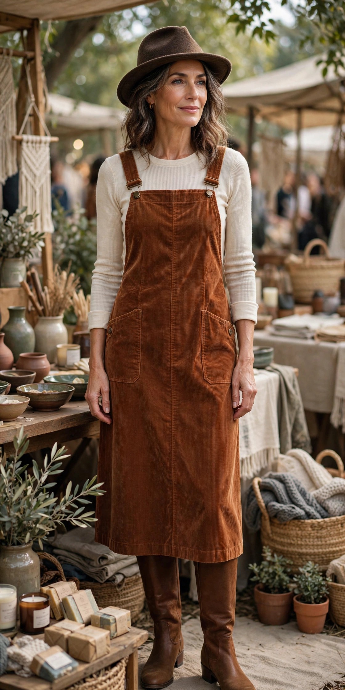 Woman over 50 in rust corduroy pinafore dress, cream top, brown knee-high boots and fedora at a craft fair