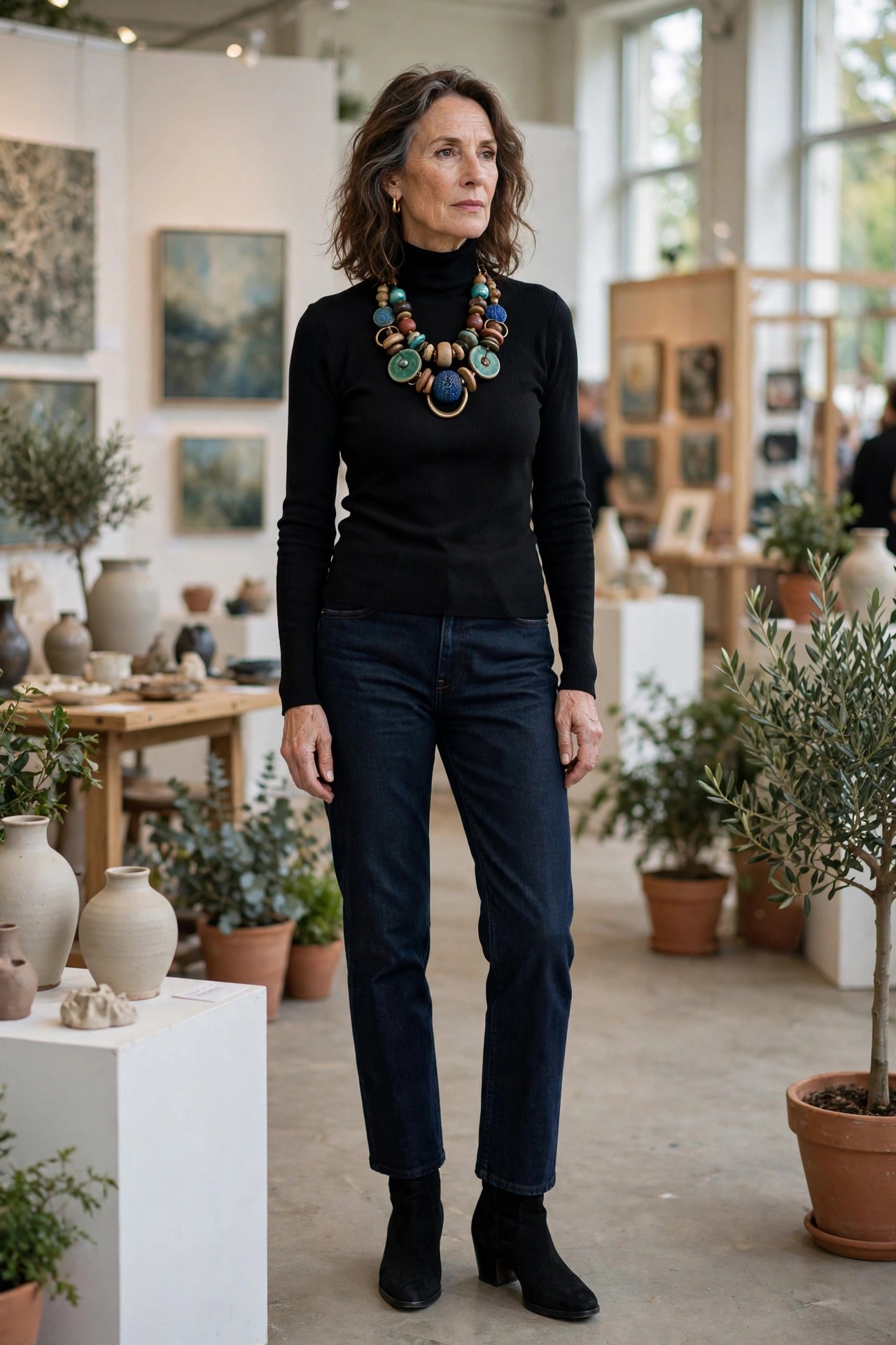 Woman over 50 in black turtleneck, dark jeans, ankle boots and bold artisan necklace at a juried art fair