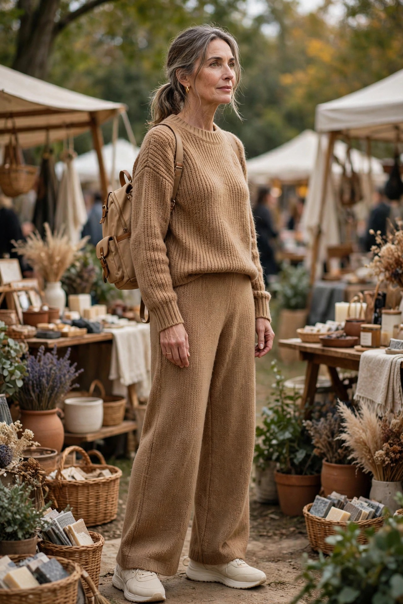 Woman over 50 in camel knit sweater and matching knit wide-leg pants with cream sneakers at a fair