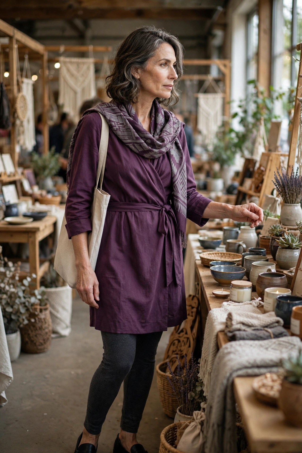 Woman over 50 in charcoal ponte leggings, plum wrap tunic, patterned scarf and black loafers at a fair