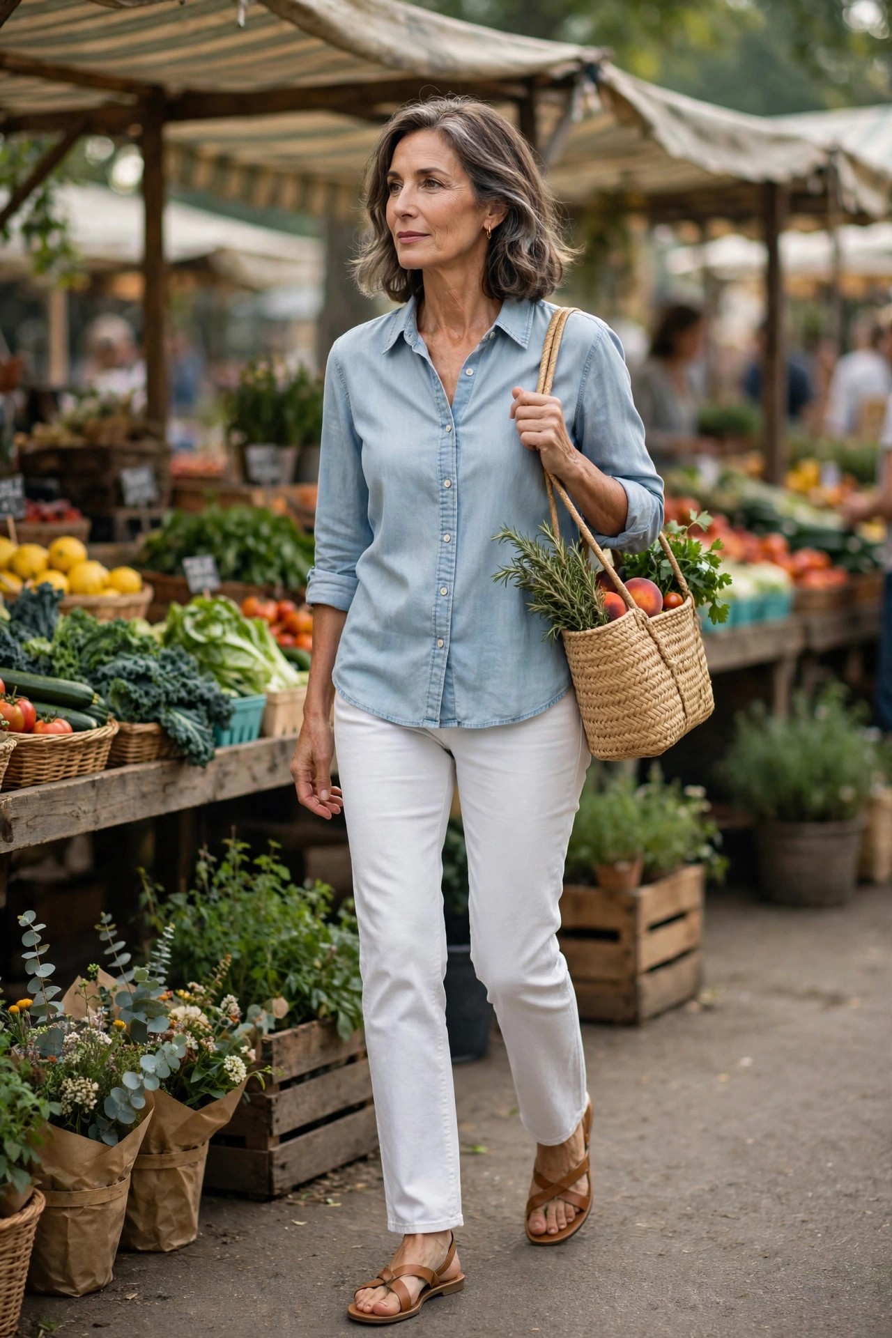 Woman over 50 in chambray shirt, white straight-leg jeans and tan flat sandals at a morning farmers market