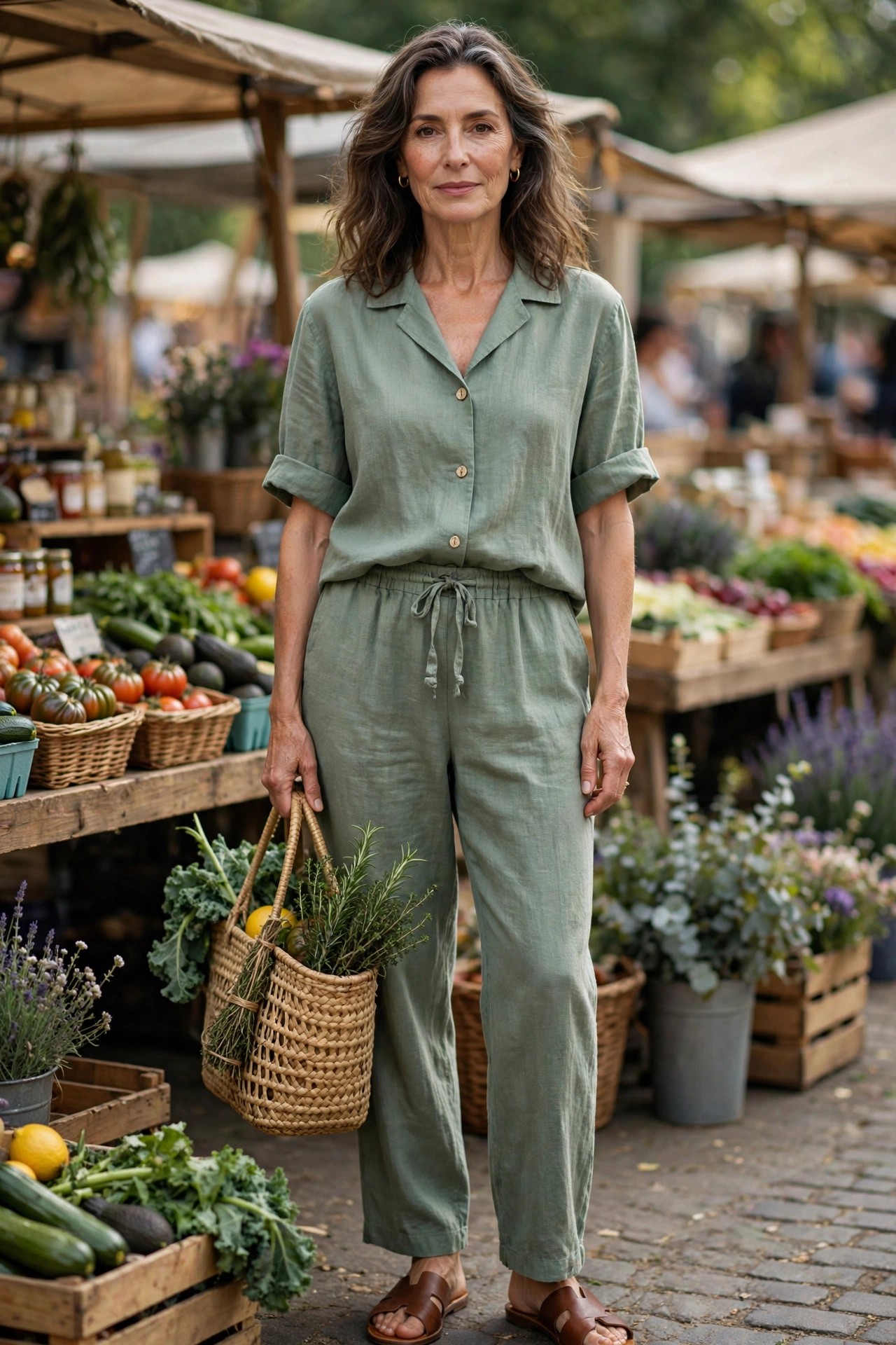 Woman over 50 in sage green linen shirt and matching drawstring pants with leather slides at a market