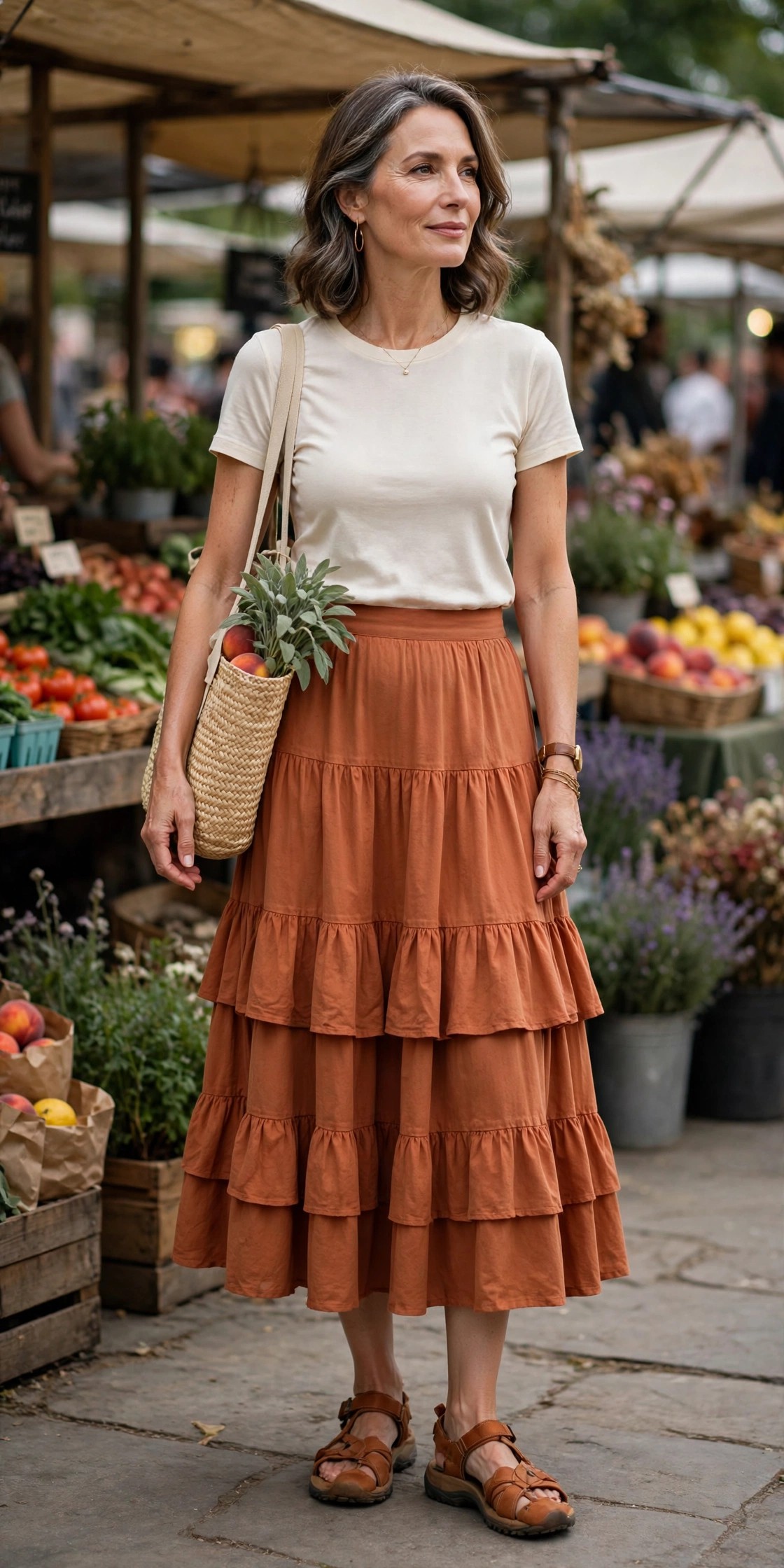 Woman over 50 in terracotta tiered midi skirt, cream tee and cognac walking sandals at a farmers market