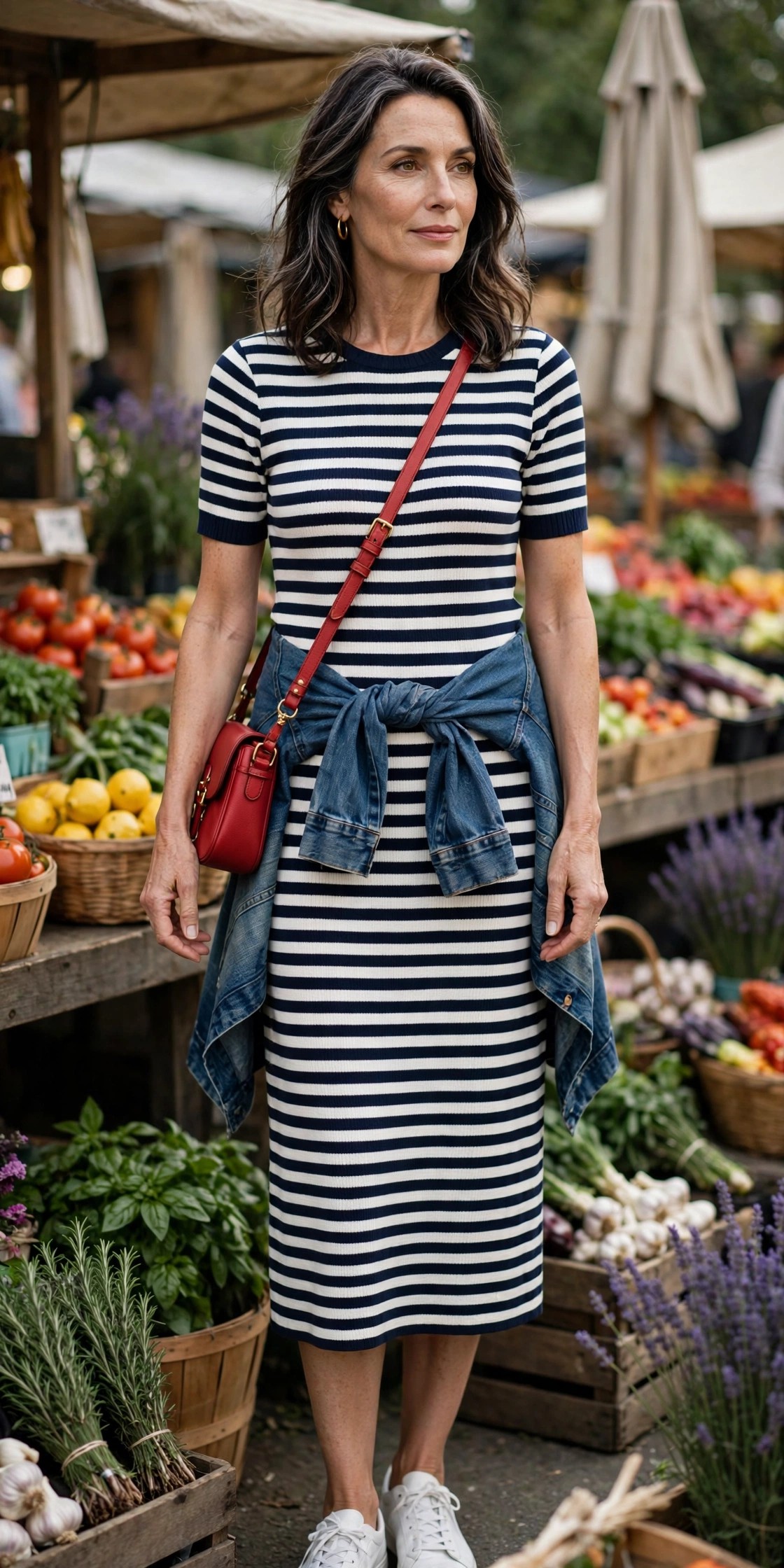 Woman over 50 in navy striped knit dress, denim jacket, white sneakers and red crossbody at a market