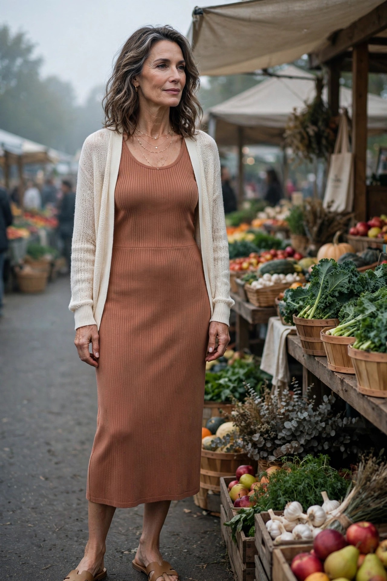 Woman over 50 in clay ribbed tank dress, cream cardigan, tan sandals and gold necklaces at a market