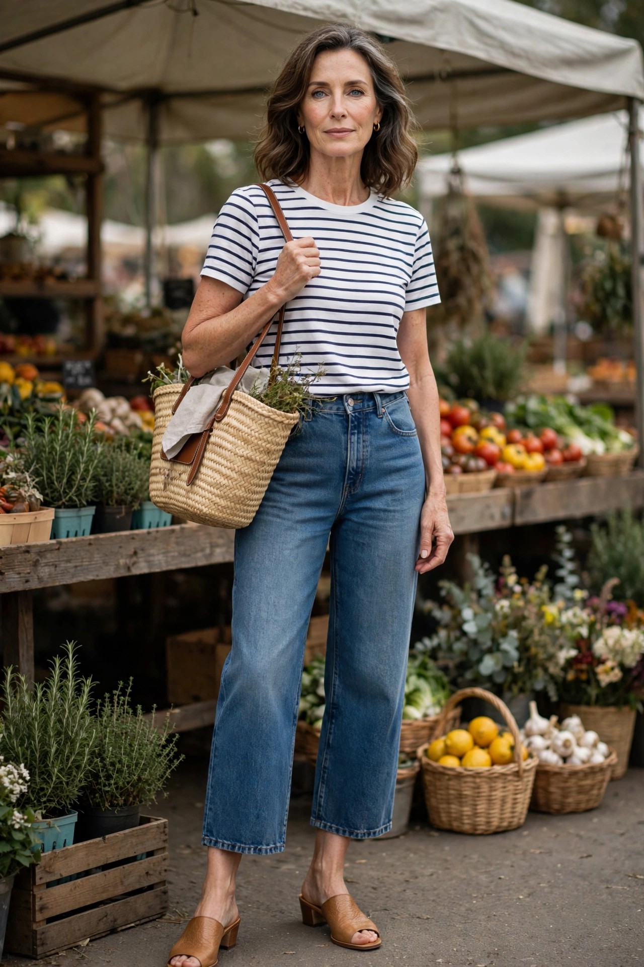 Woman over 50 in cropped wide-leg jeans, striped tee, tan mules with straw tote at a farmers market