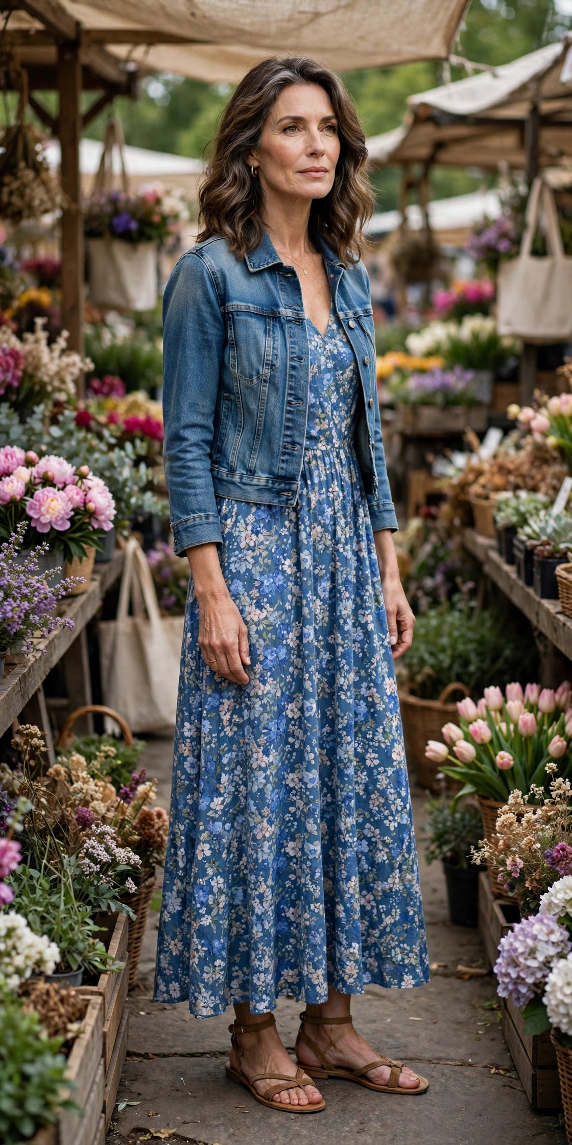 Woman over 50 in blue floral maxi dress, cropped jean jacket and tan strappy sandals at a flower market