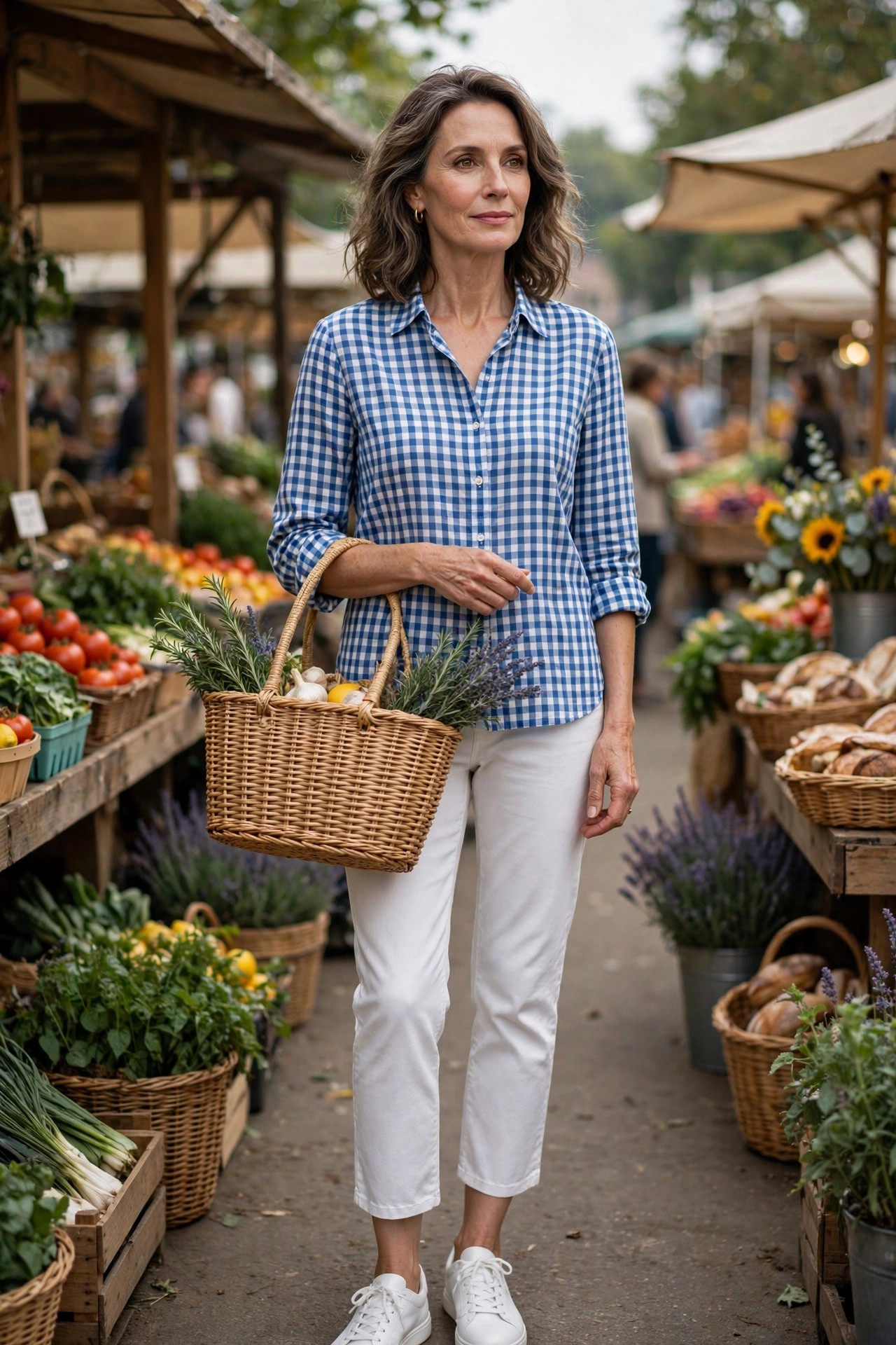 Woman over 50 in blue gingham blouse, white cropped pants, white sneakers and wicker basket at a market