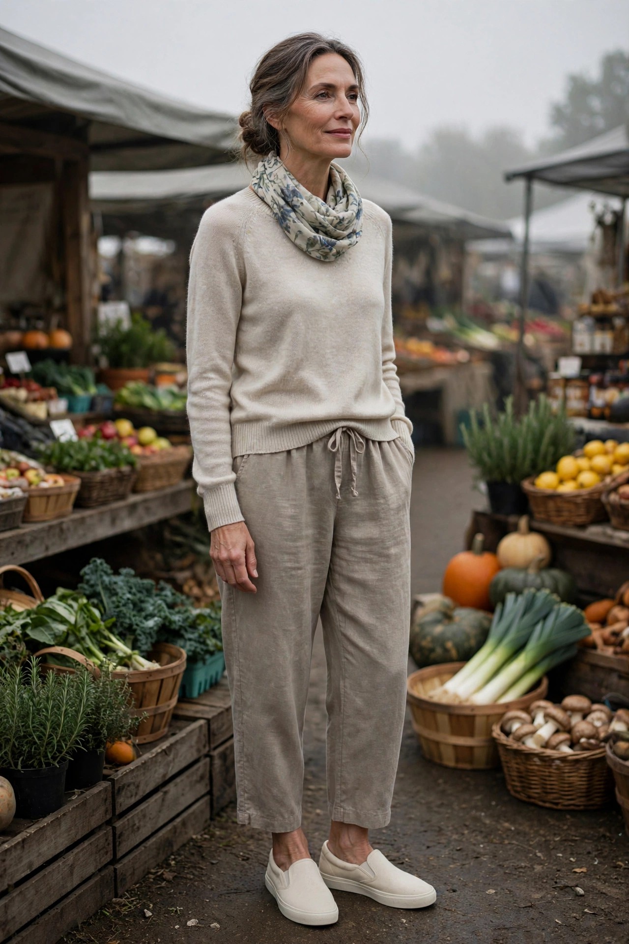 Woman over 50 in oatmeal knit sweater, stone linen pants, cream slip-ons and printed scarf at a market