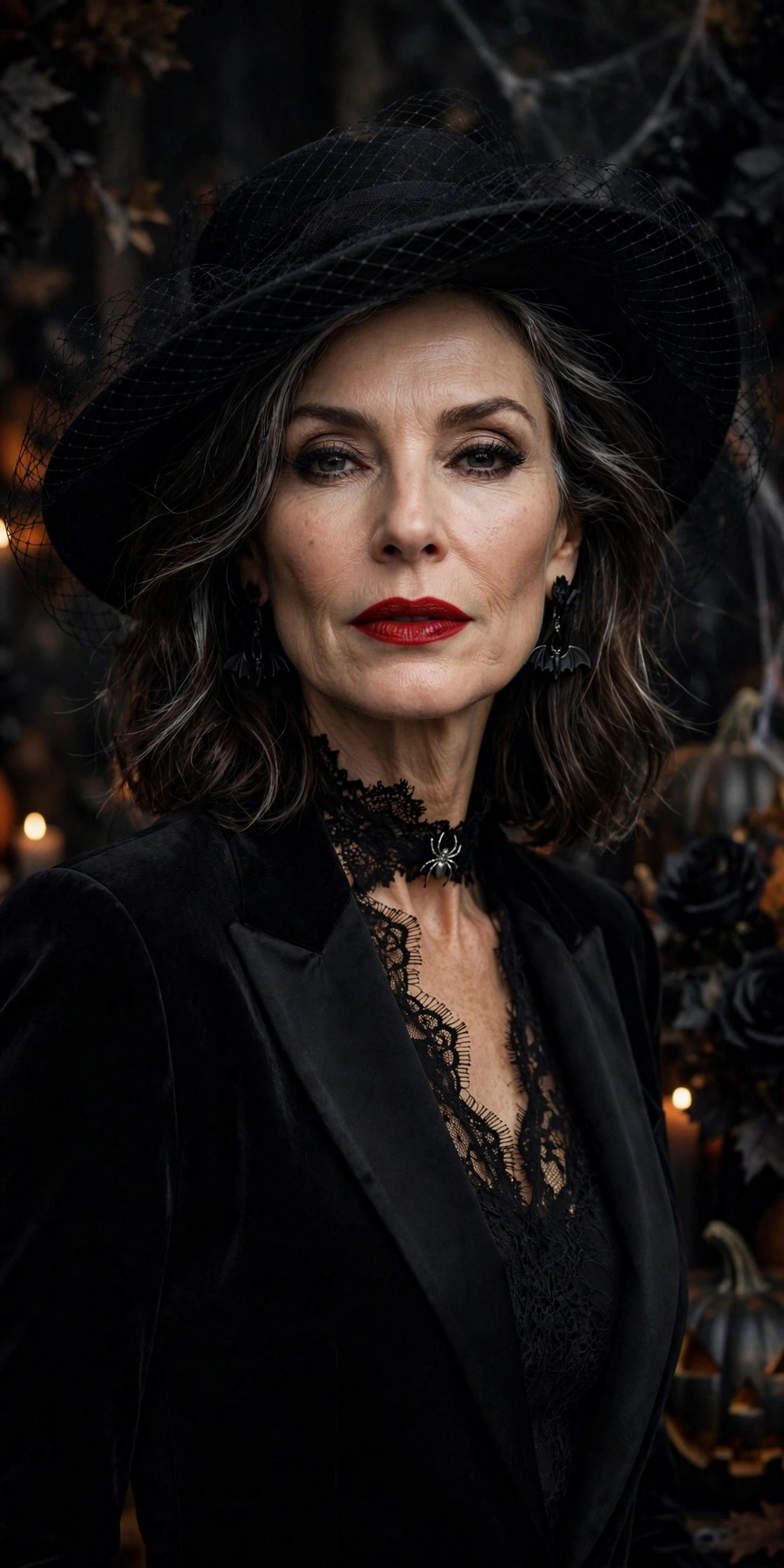 Stylish woman over 50 in all black outfit with red lipstick for Halloween party