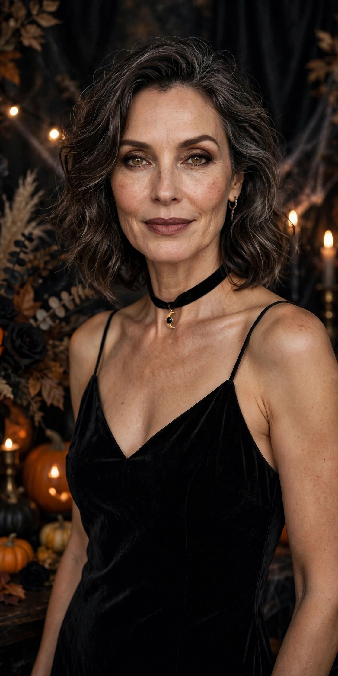 Woman over 50 wearing black velvet slip dress with choker for Halloween party outfit