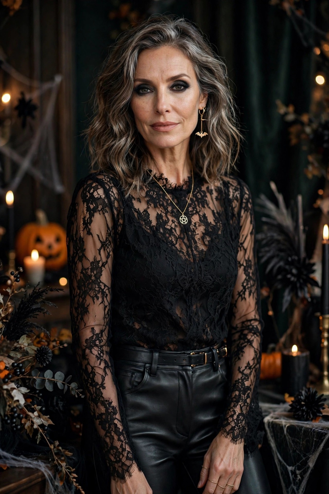 Woman over 50 in leather pants and black lace top Halloween party outfit