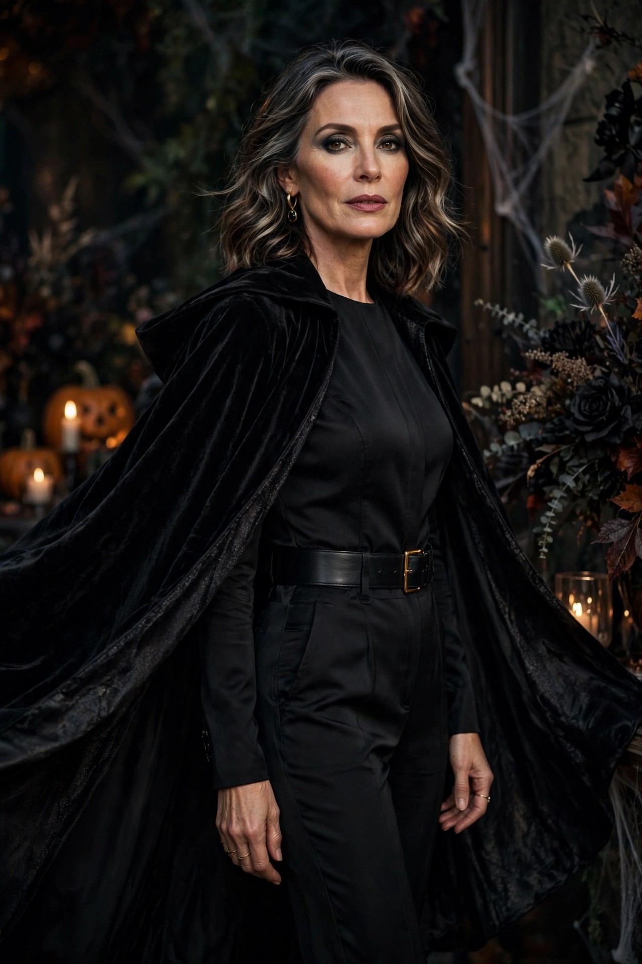 Woman over 50 in black jumpsuit with dramatic cape for Halloween party