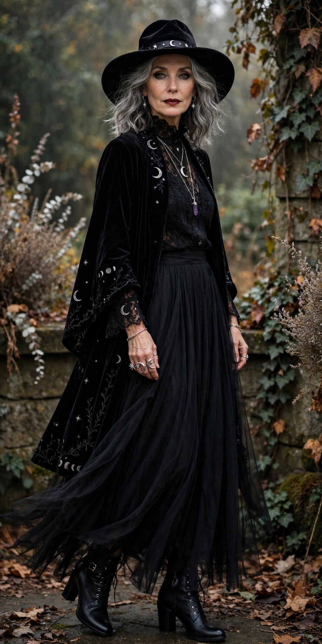 Woman over 50 in flowing black maxi skirt and boots witchy Halloween outfit